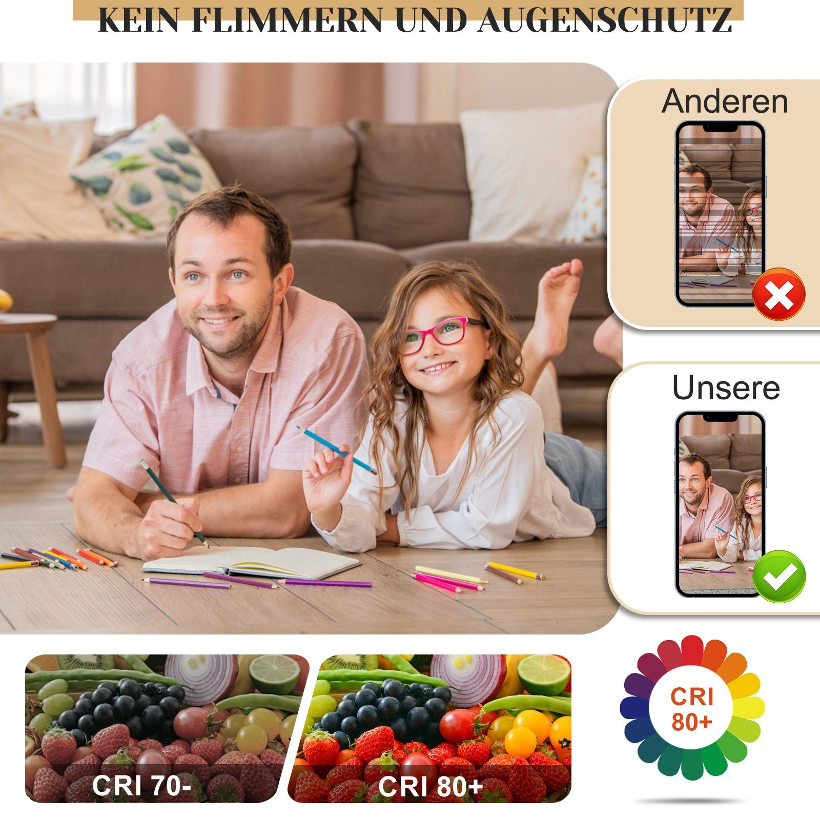Un padre e sua figlia che disegnano su un pavimento di legno. Un confronto mostra un'immagine migliore a destra.