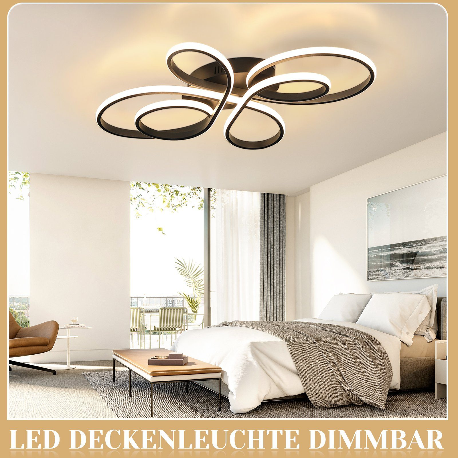 Una moderna lampada da soffitto con cornice nera e luce bianca, installata in una stanza con letto e finestra.