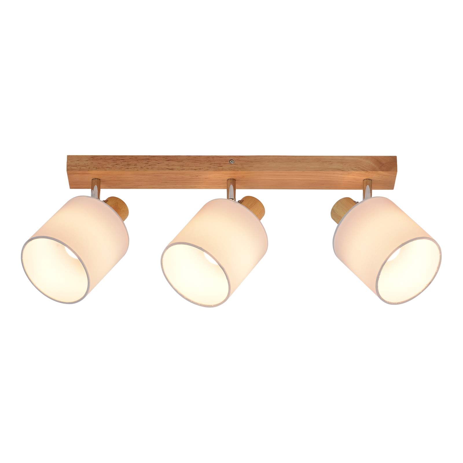 Tre lampade bianche con dettagli in legno, su trave di legno.