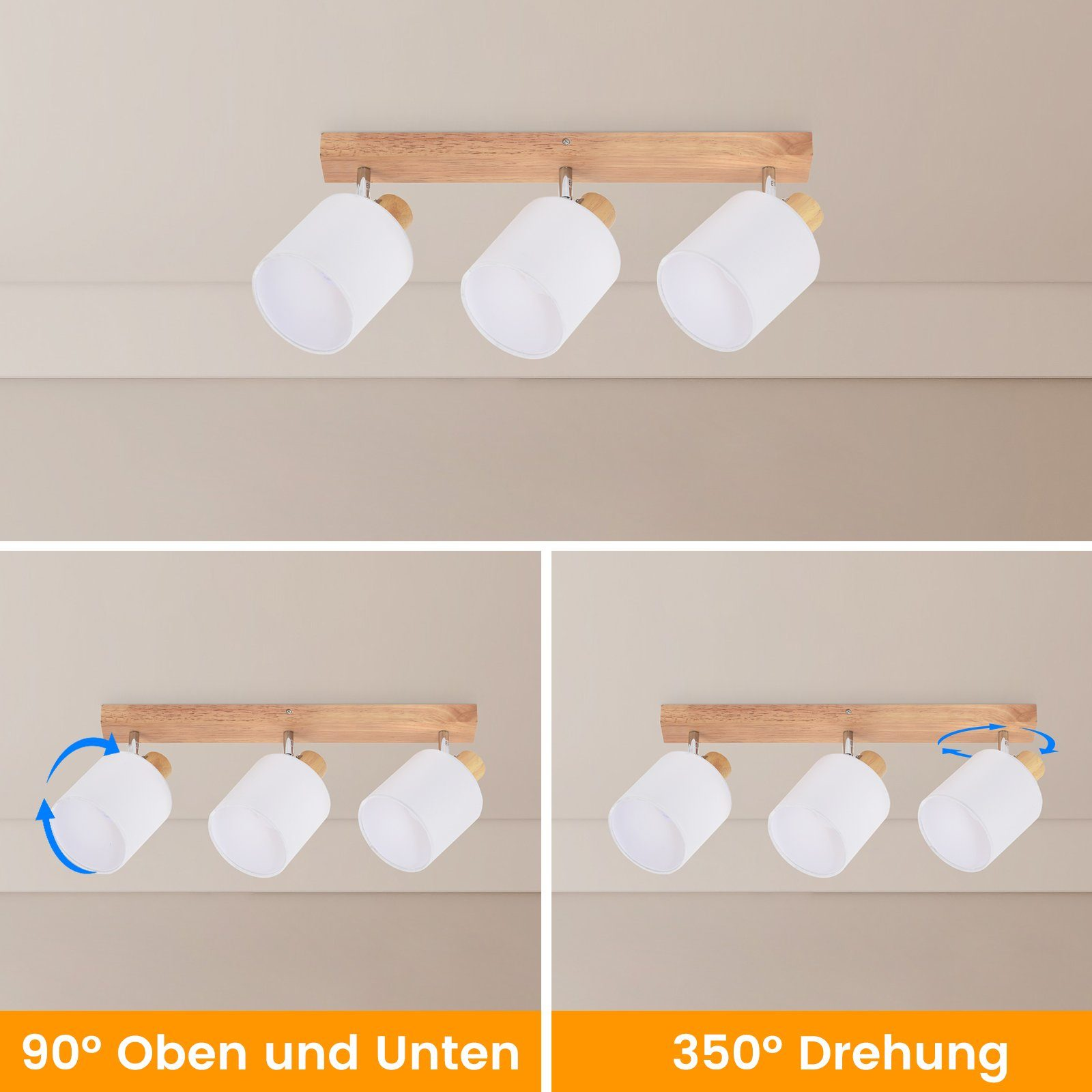 Faretti a soffitto su base in legno. Mostra l'angolo di rotazione, 90 gradi su/giù e 350 gradi.