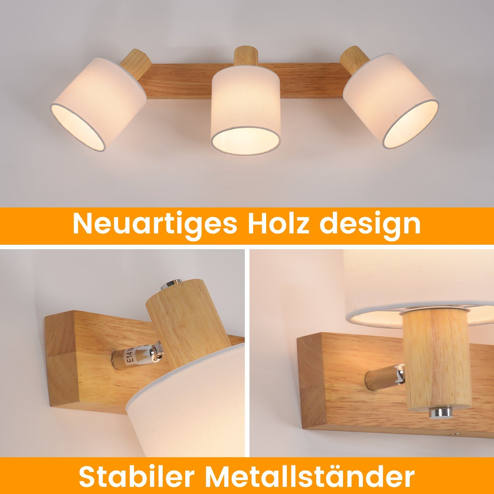 Lampada in legno con tre paralumi bianchi. Testo: "Neuartiges Holz design" e "Stabiler Metallständer".