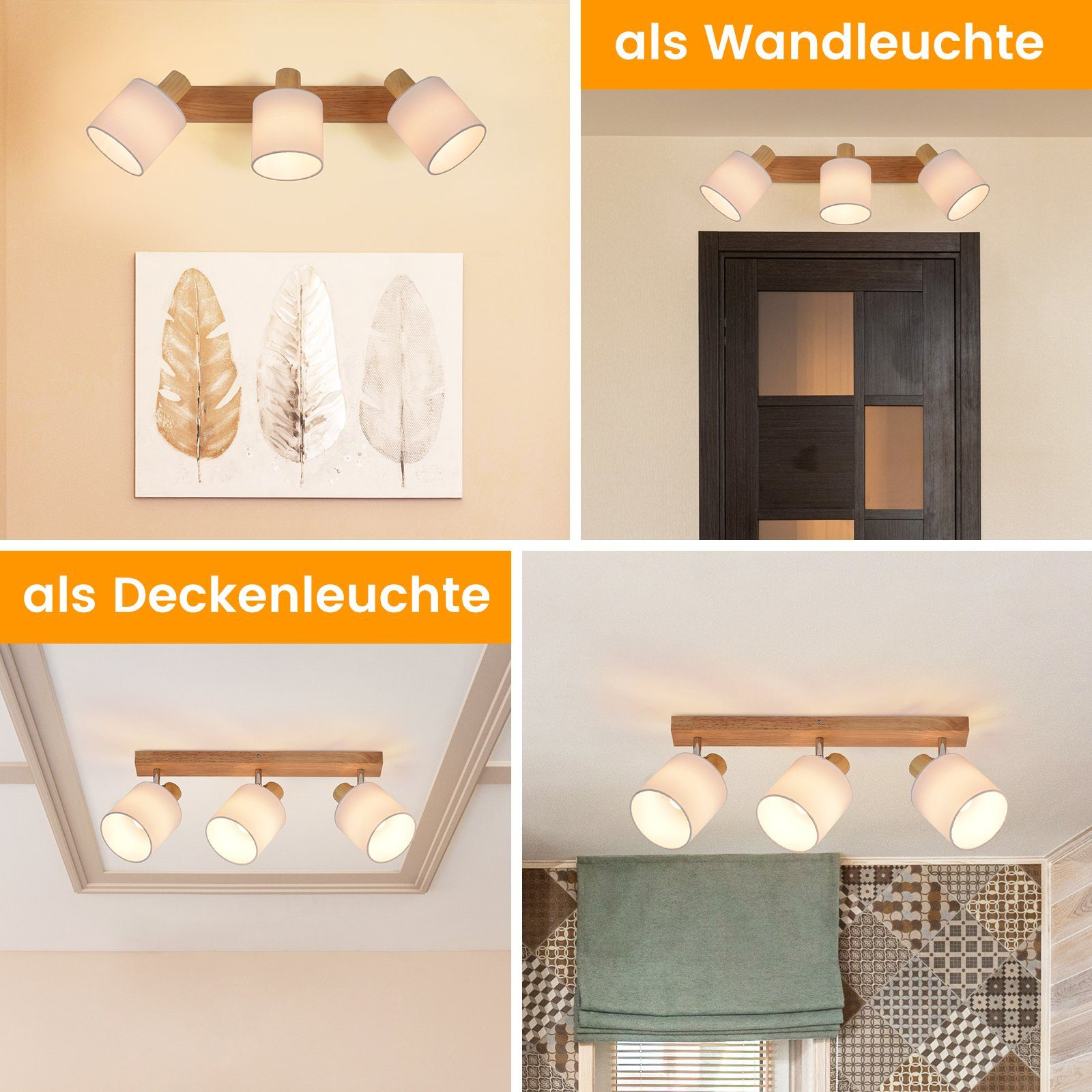 Quattro immagini di faretti montati su legno: due a parete e due a soffitto. Varie stanze.
