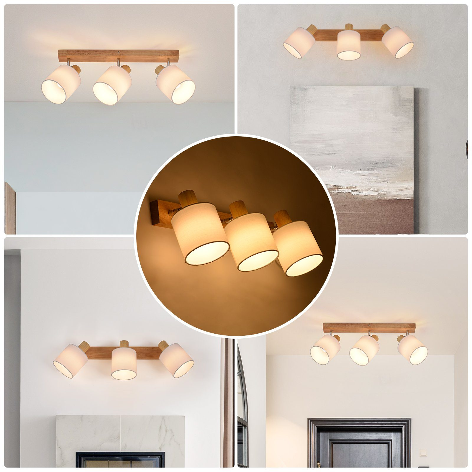 Diverse immagini di faretti su binario in legno, che mostrano diverse ambientazioni.