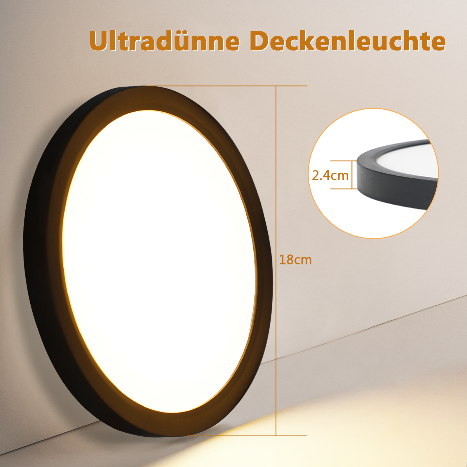 Eine schwarze runde Deckenleuchte mit weißem, beleuchtetem Zentrum, an einer Wand.