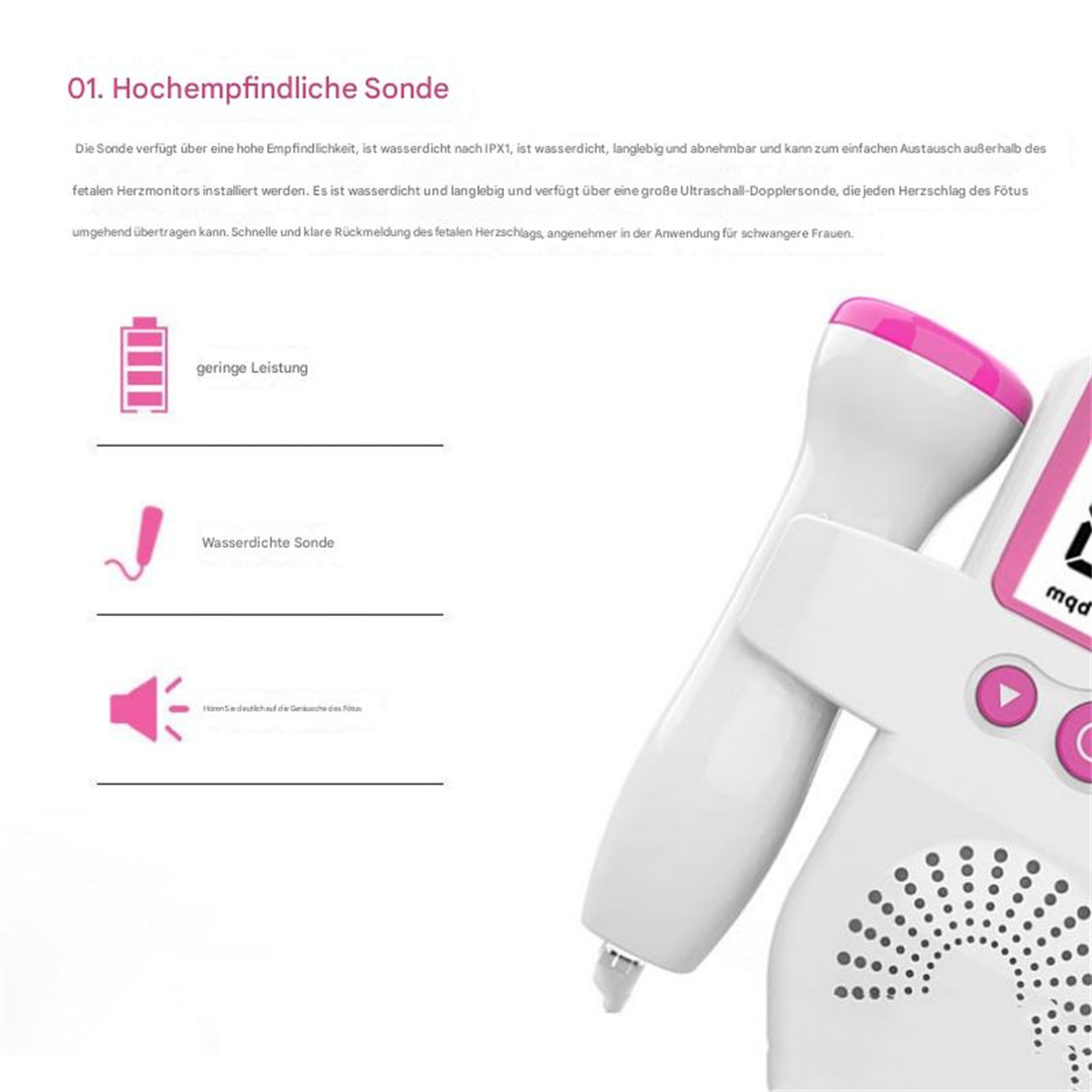 Ein medizinisches Gerät mit weißem Gehäuse und pinkfarbener Sonde. Auf weißem Hintergrund.