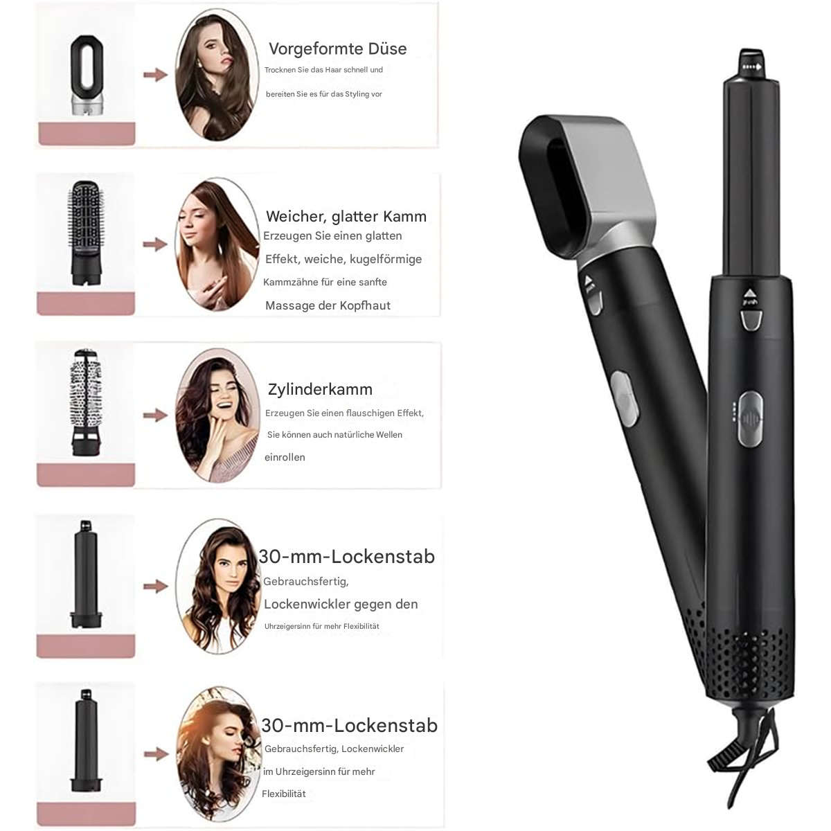 Ein Haarstyling-Tool mit abnehmbaren Köpfen. Gezeigt werden: Düse, Bürste, Zylinder und Lockenaufsätze.