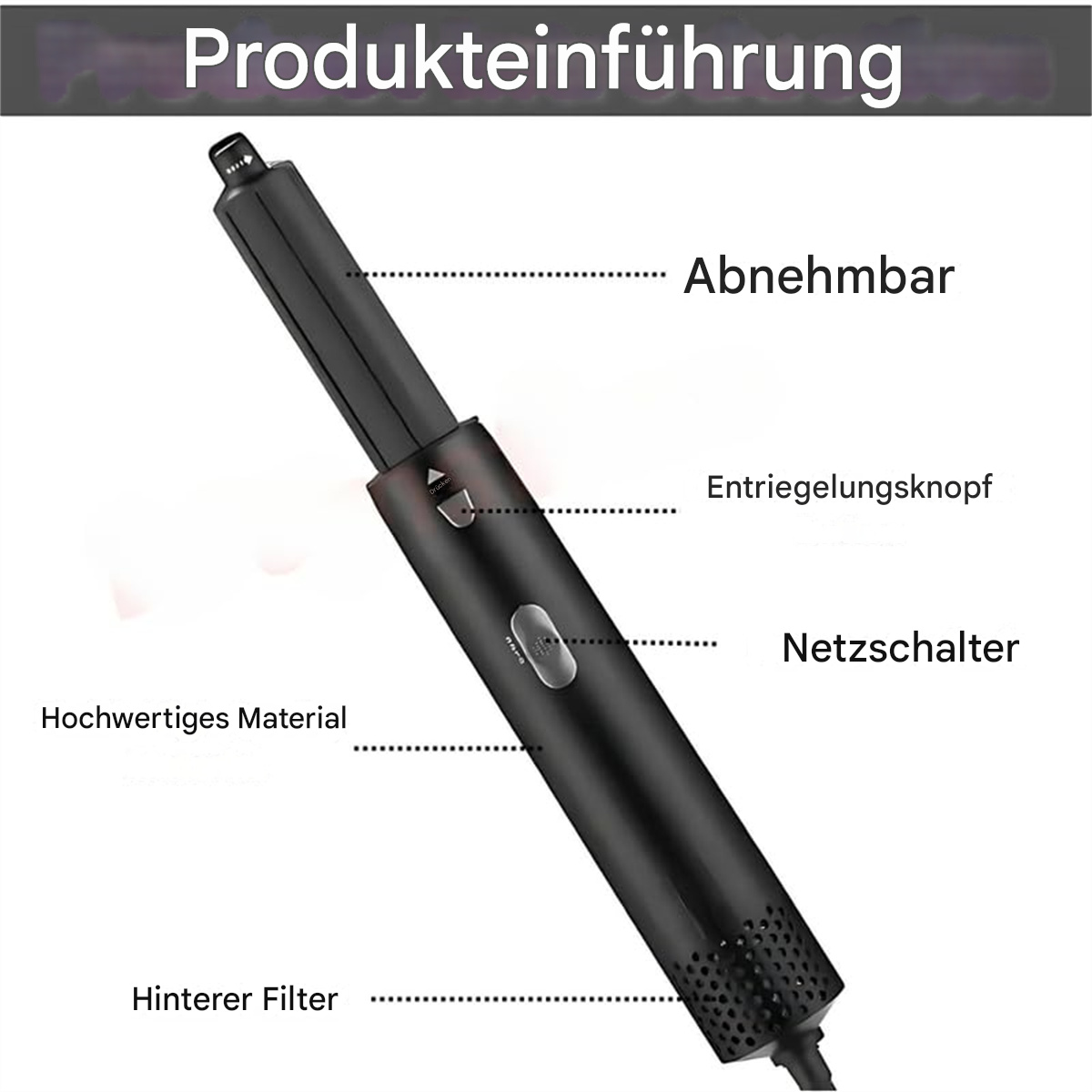 Ein schwarzes stiftähnliches Gerät mit Etiketten, die seine Teile zeigen.