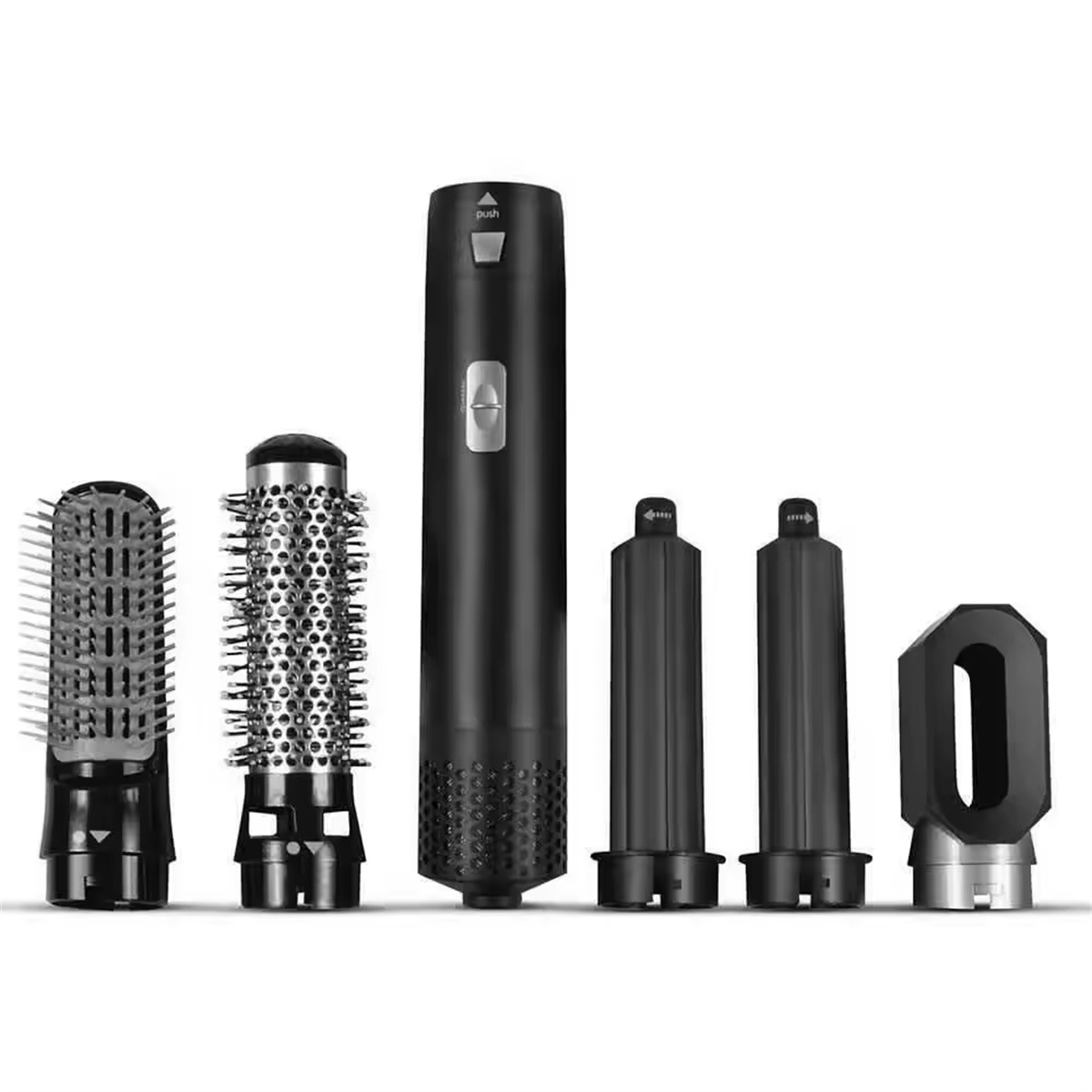Ein schwarzes Multi-Styling-Haarwerkzeug mit mehreren Aufsätzen für verschiedene Haarstyling-Optionen.
