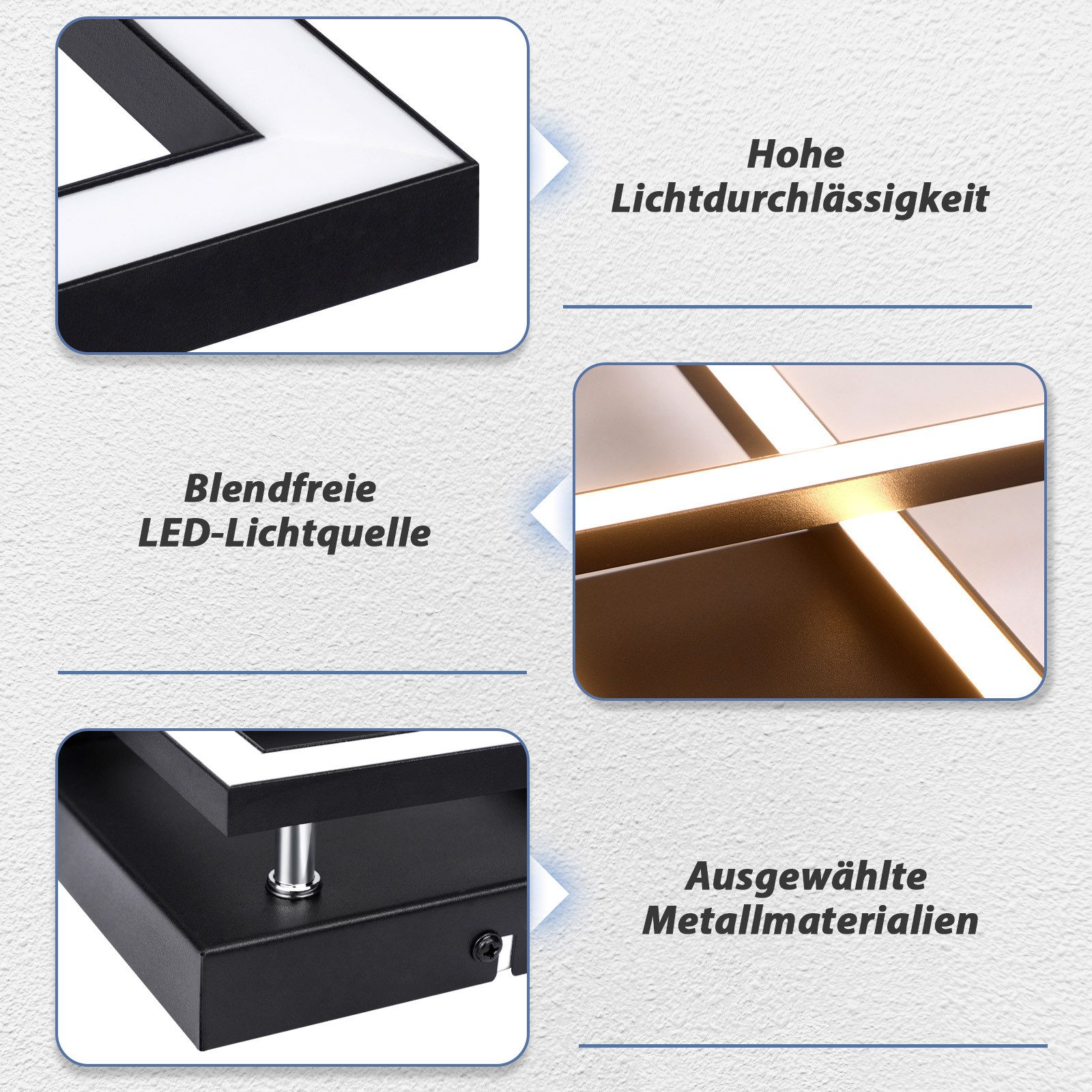 Dettagli ravvicinati di un apparecchio di illuminazione a soffitto a LED in bianco e nero.