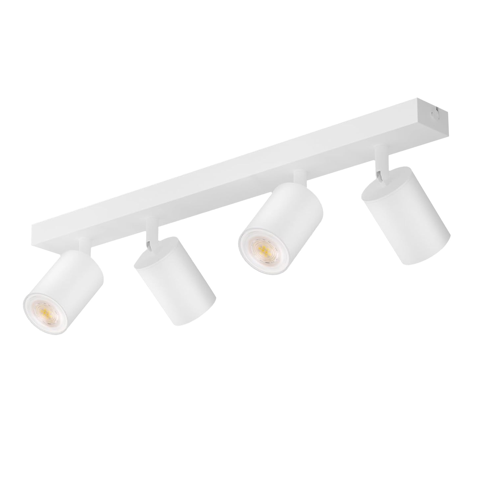 Apparecchio di illuminazione a binario bianco con quattro luci regolabili su sfondo bianco.
