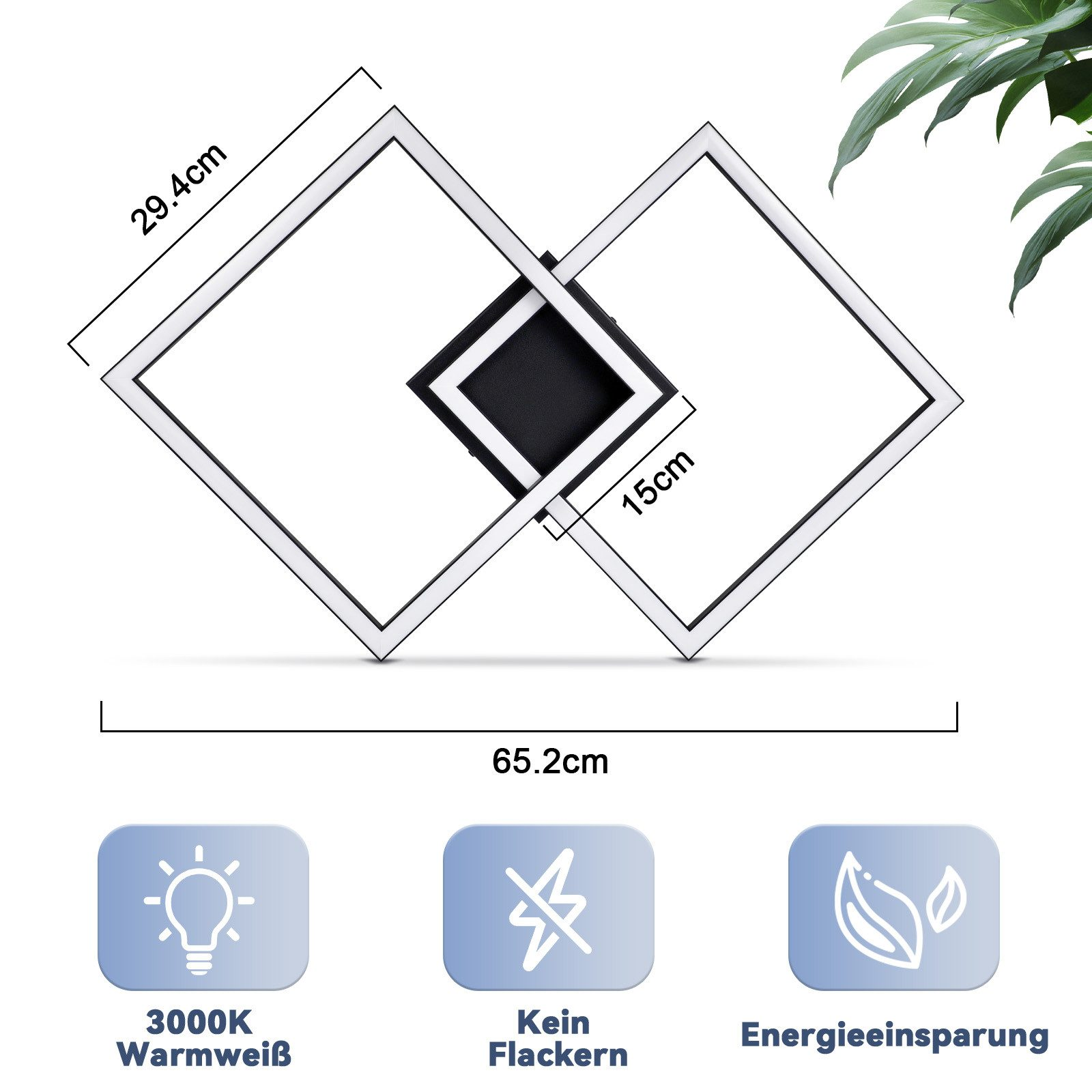 Apparecchio di illuminazione a soffitto quadrato sovrapposto con dimensioni etichettate e icone delle funzioni sottostanti.