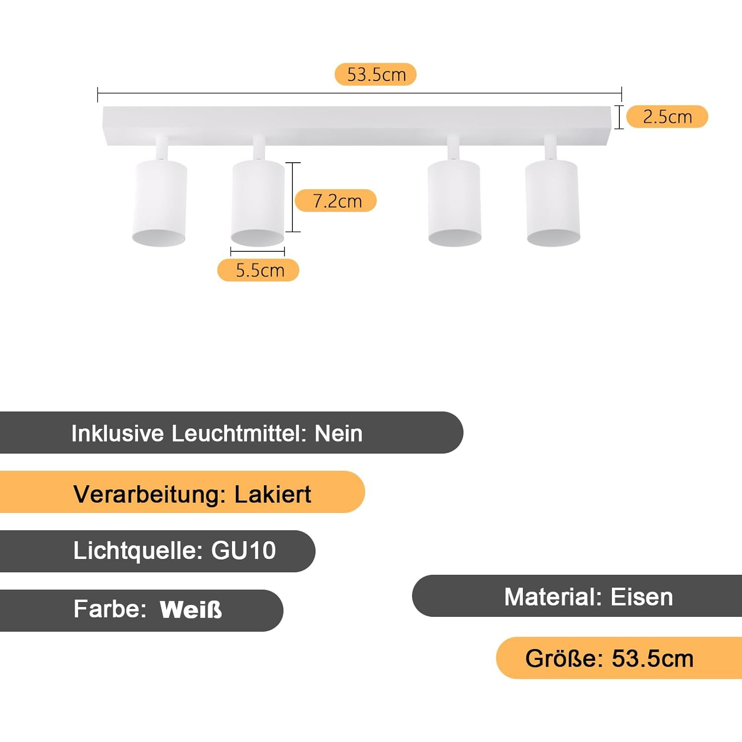Lampada da soffitto bianca con quattro luci cilindriche e dimensioni su sfondo bianco.