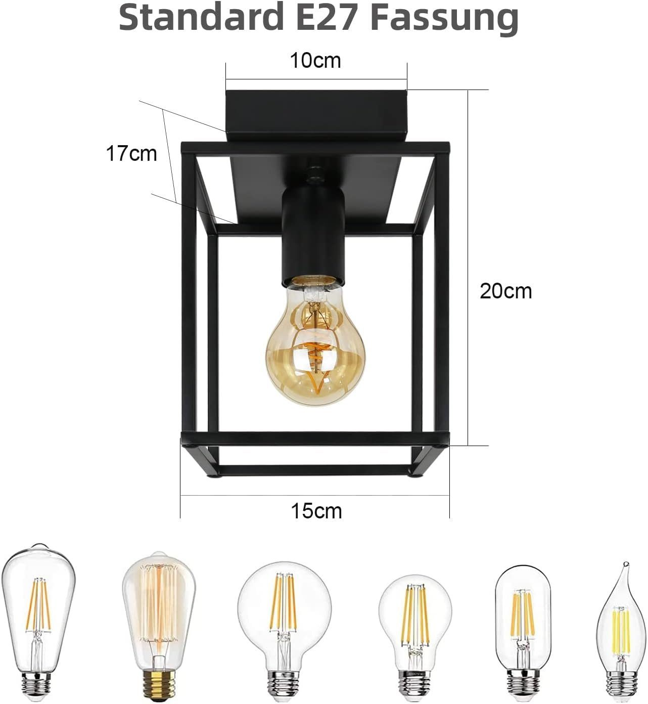 Lampada da soffitto rettangolare nera con dimensioni. Mostra vari tipi di lampadine E27.
