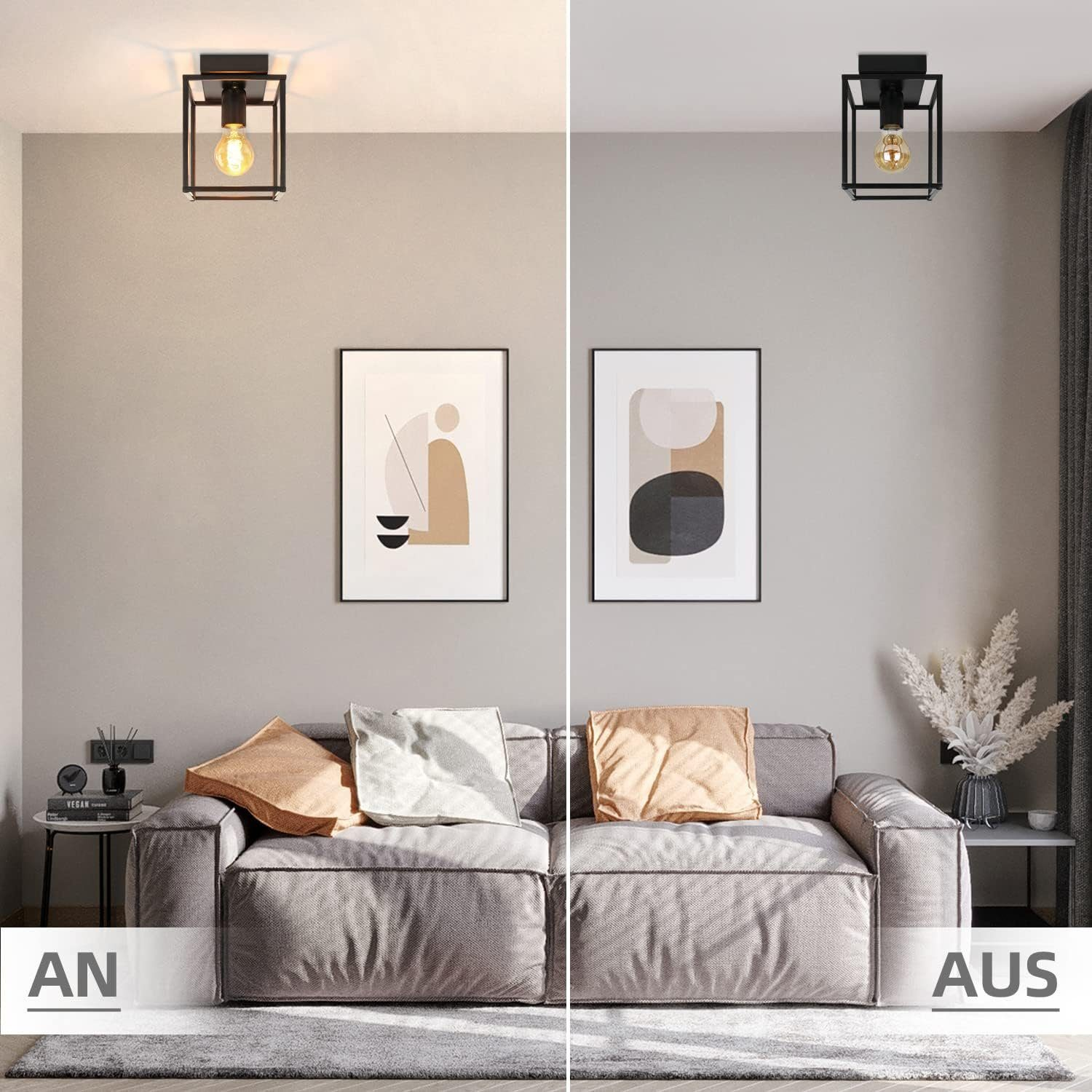 Stanza con divano, arte e una luce a soffitto accesa e spenta. Testo: AN, AUS.
