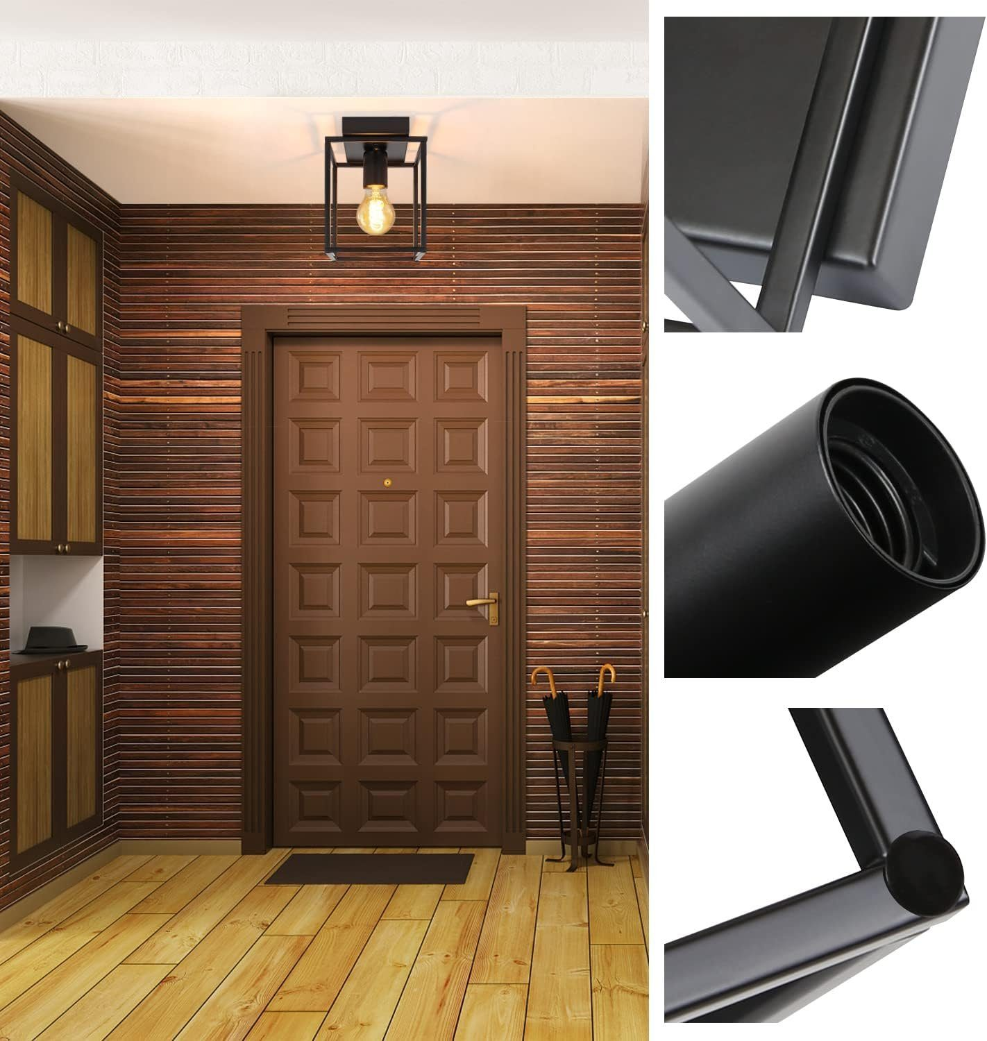 Un ingresso con pavimenti e pannelli in legno. Un apparecchio di illuminazione nero pende dal soffitto, una porta in legno scuro.
