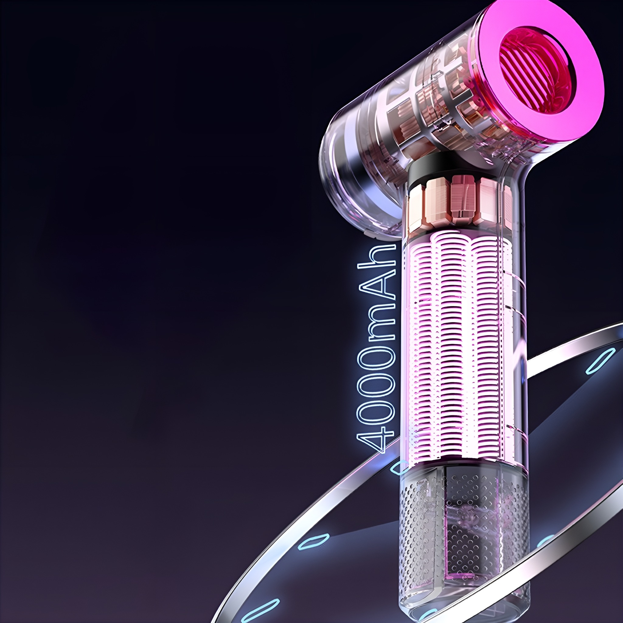 Nahaufnahme eines transparenten und rosa Haartrockners. Die inneren Spulen sind sichtbar. Text: 4000mAh.