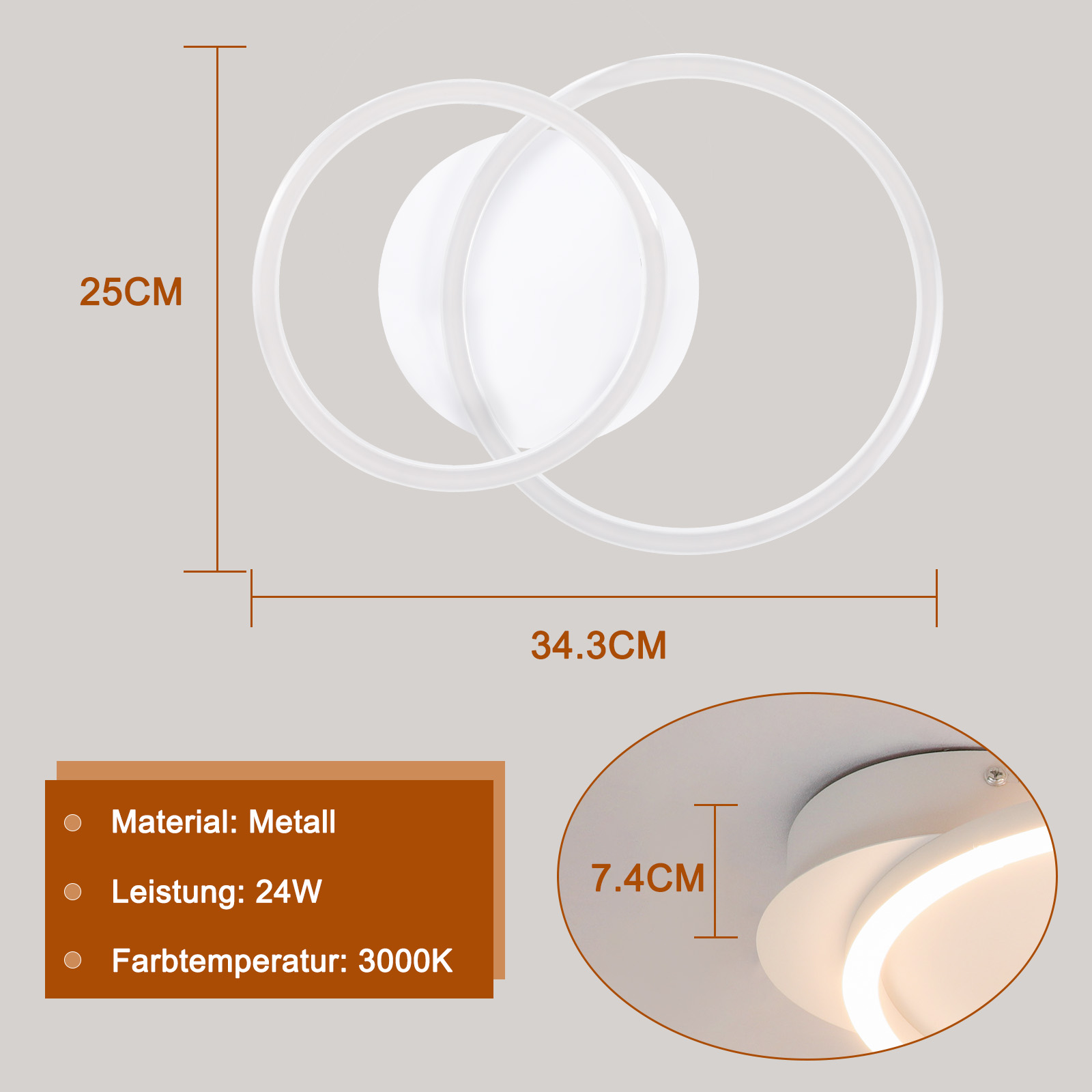 Un apparecchio di illuminazione bianco, circolare, con informazioni dimensionali su sfondo grigio.