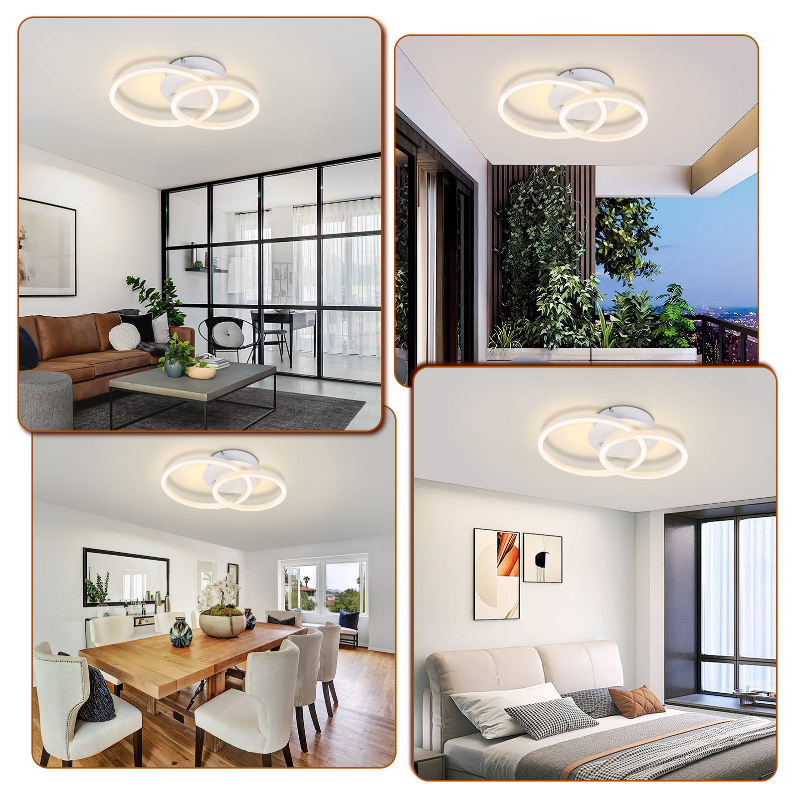 Una raccolta di quattro immagini, che mostrano una luce da soffitto in ambienti diversi.