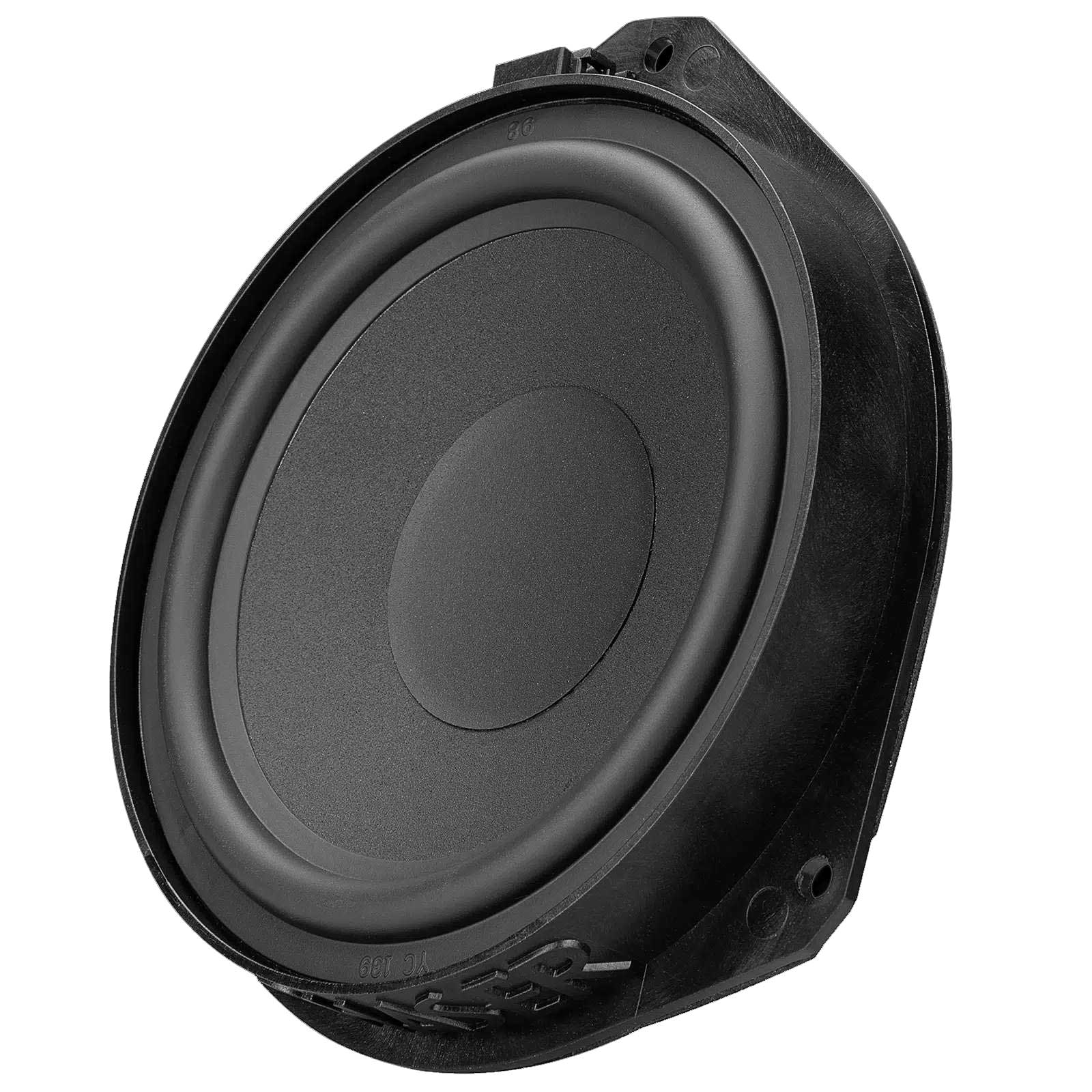 Schwarzer Subwoofer-Lautsprecher. Runder Lautsprecher in schwarzem Gehäuse.