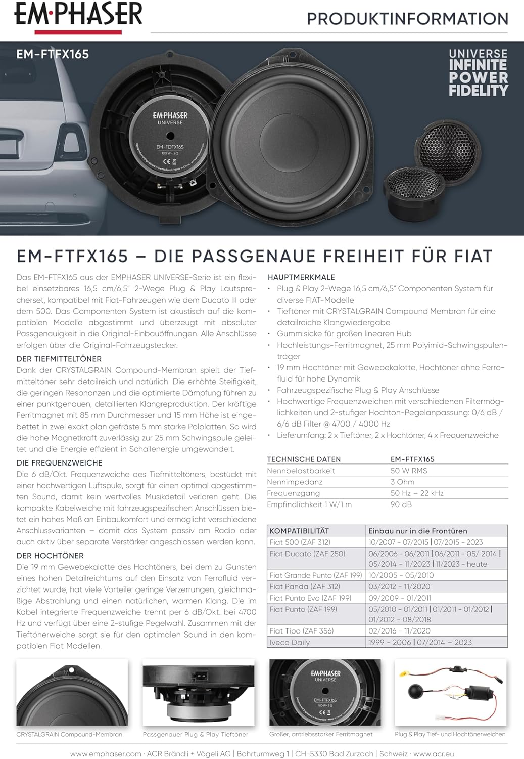 Ein Produktinformationsblatt für ein EM-FTFX165-Car-Audiosystem. Zeigt Lautsprecherkomponenten und Spezifikationen.