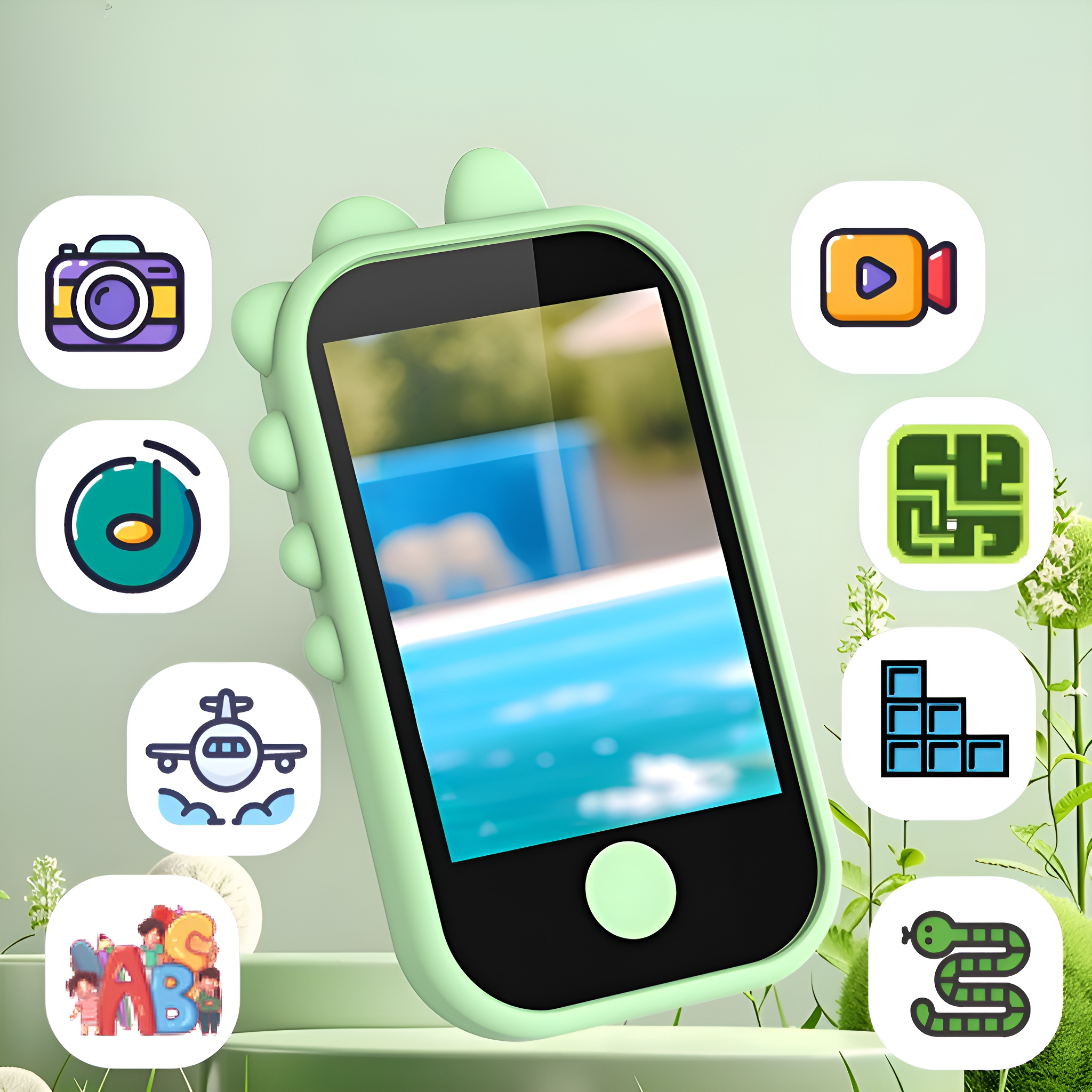 Grünes Telefon mit Cartoon-Symbolen, umgeben von Cartoon-Elementen und grünem Hintergrund.