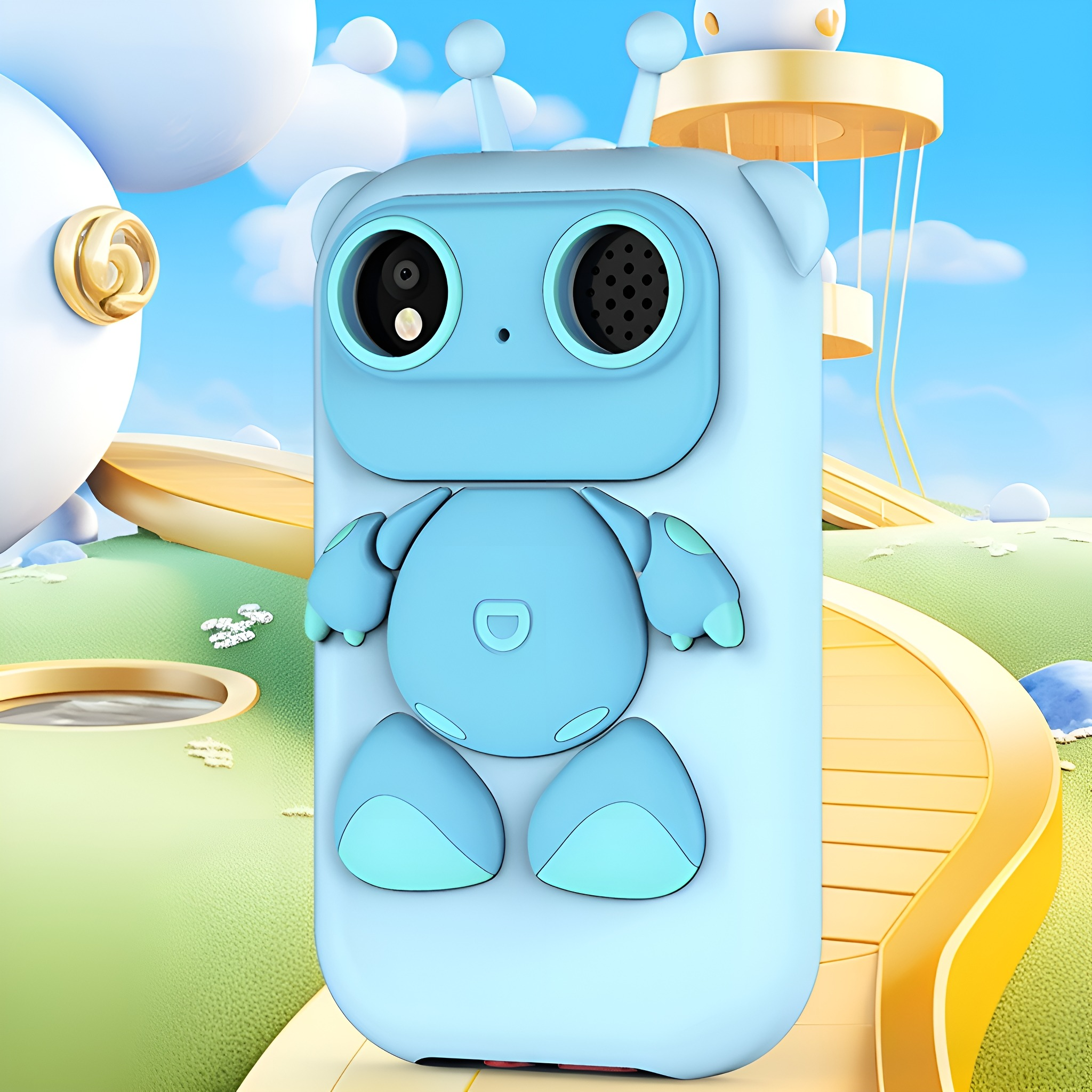 Blaues roboterförmiges Gerät mit zwei Augen und abgerundeten Merkmalen, vor Cartoon-Hintergrund.