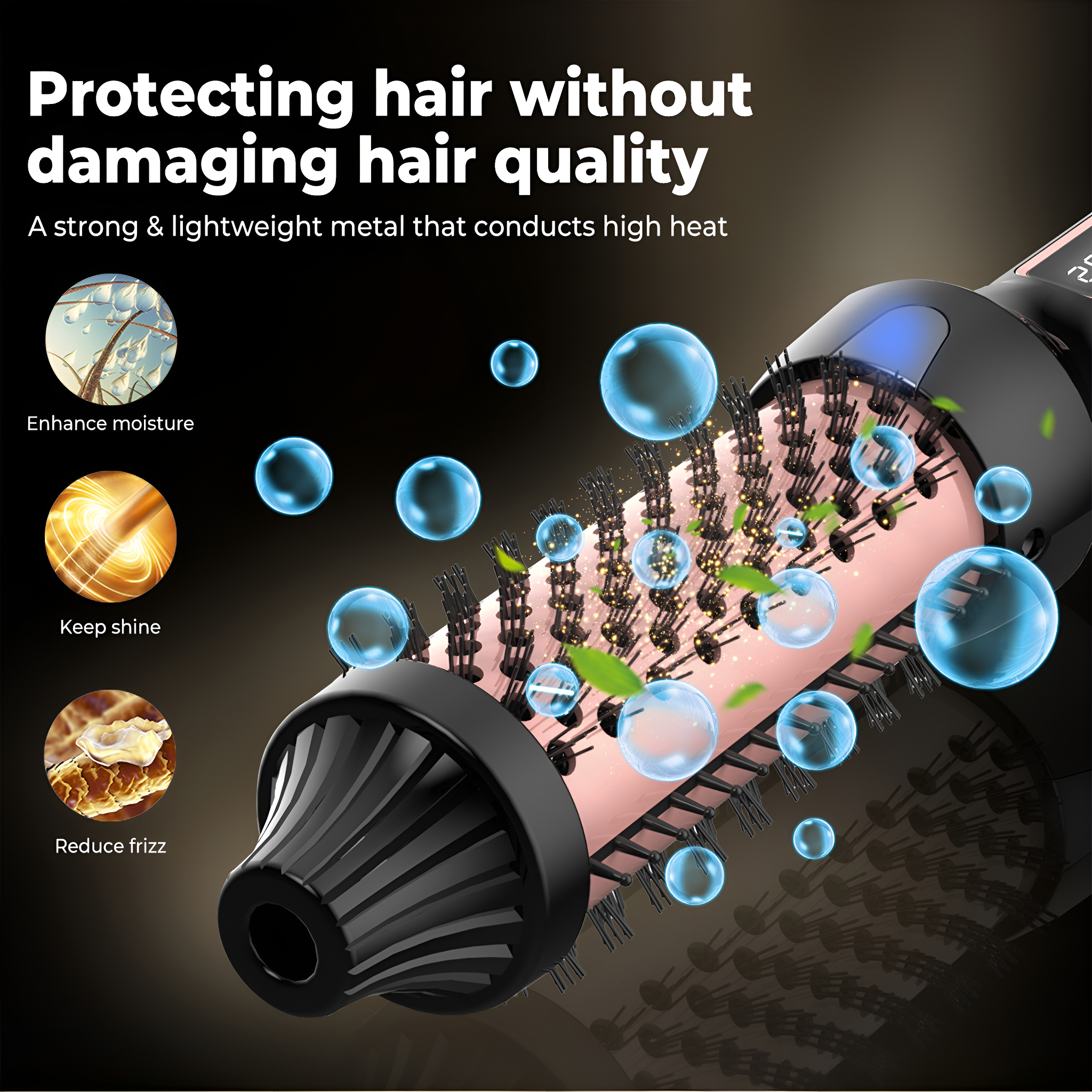 Haarstyling-Werkzeug mit Text über Feuchtigkeit, Glanz und Frizz-Reduzierung.