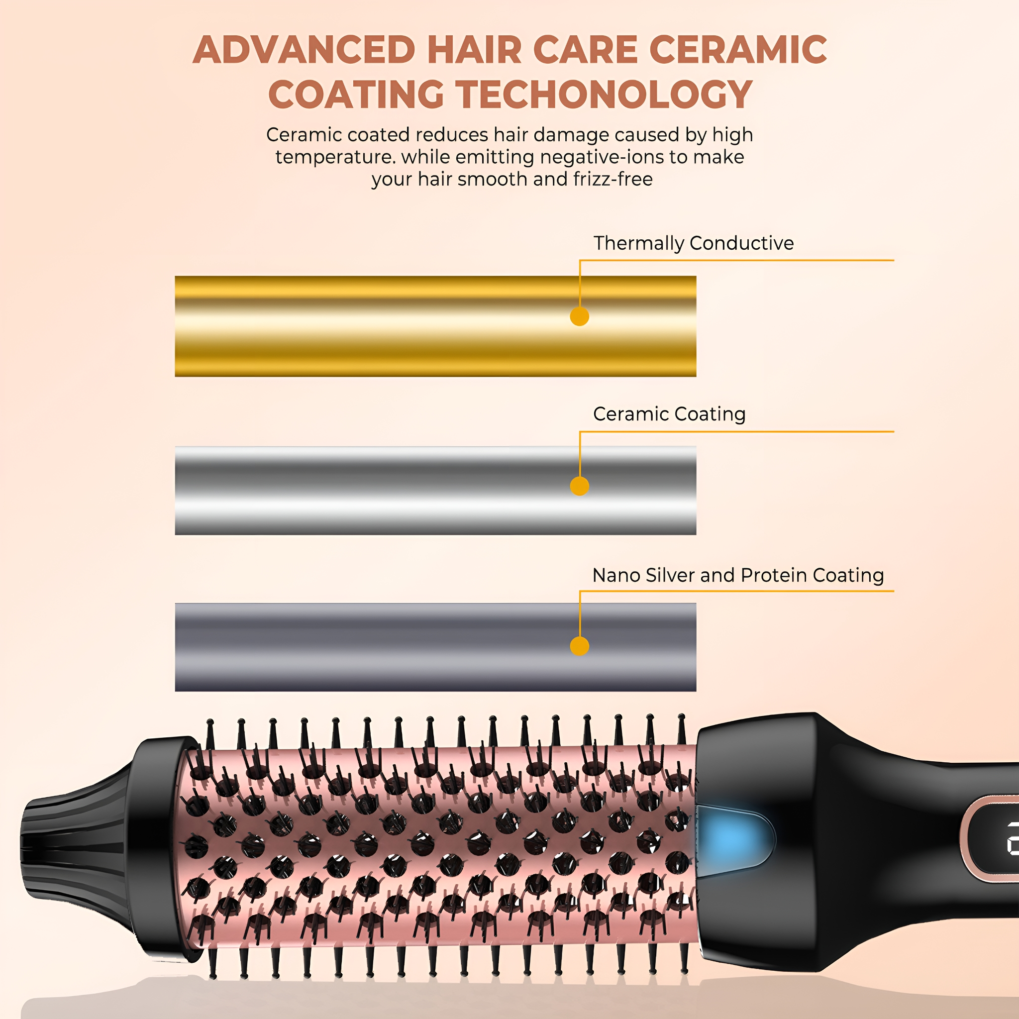 Haarstyling-Werkzeug mit gold-, silber- und nanobeschichteten Elementen. Schwarzer Griff.
