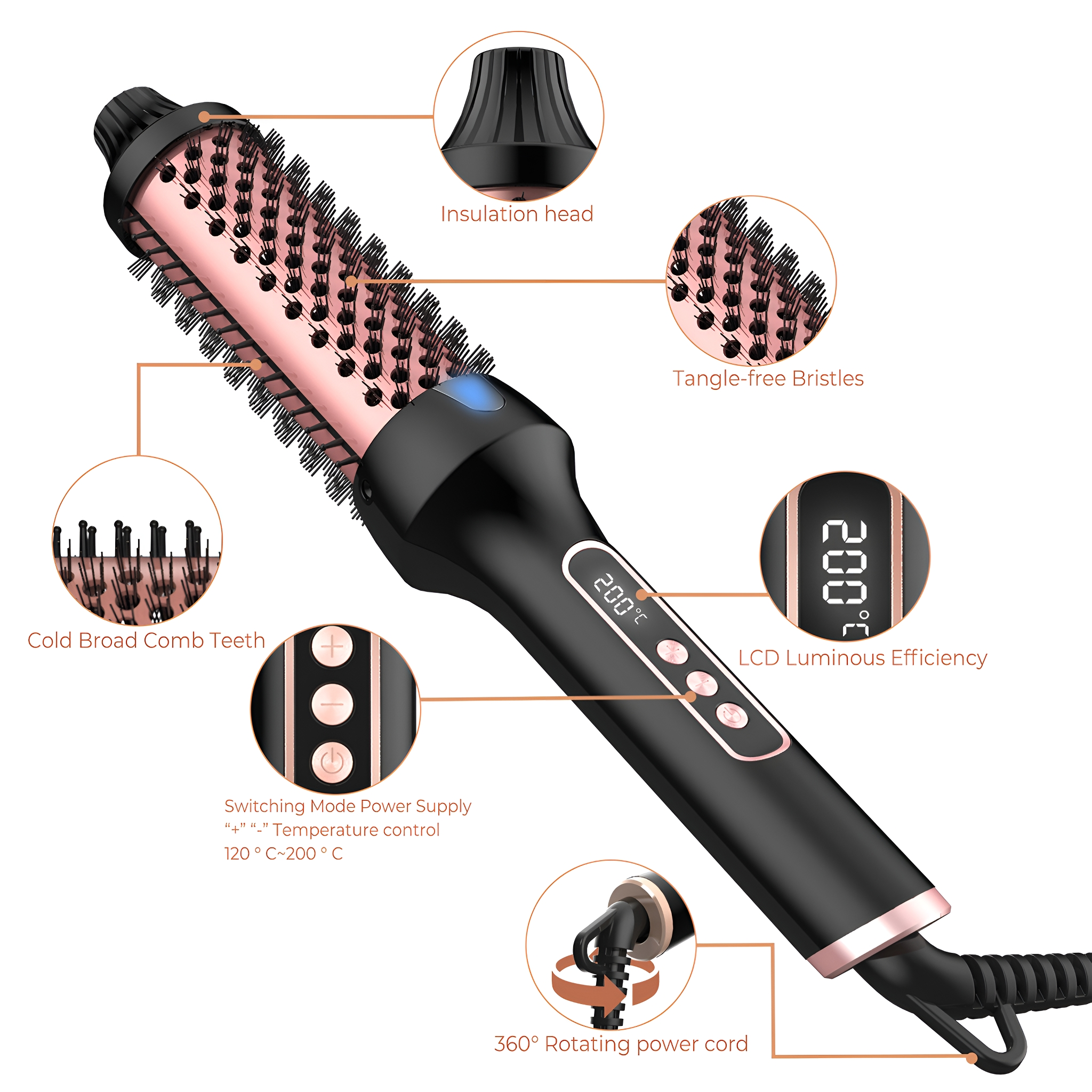 Eine schwarze und roségoldene Haarstylingbürste. Merkmale sind entwirrungsfreie Borsten, eine Digitalanzeige und ein drehbares Kabel.