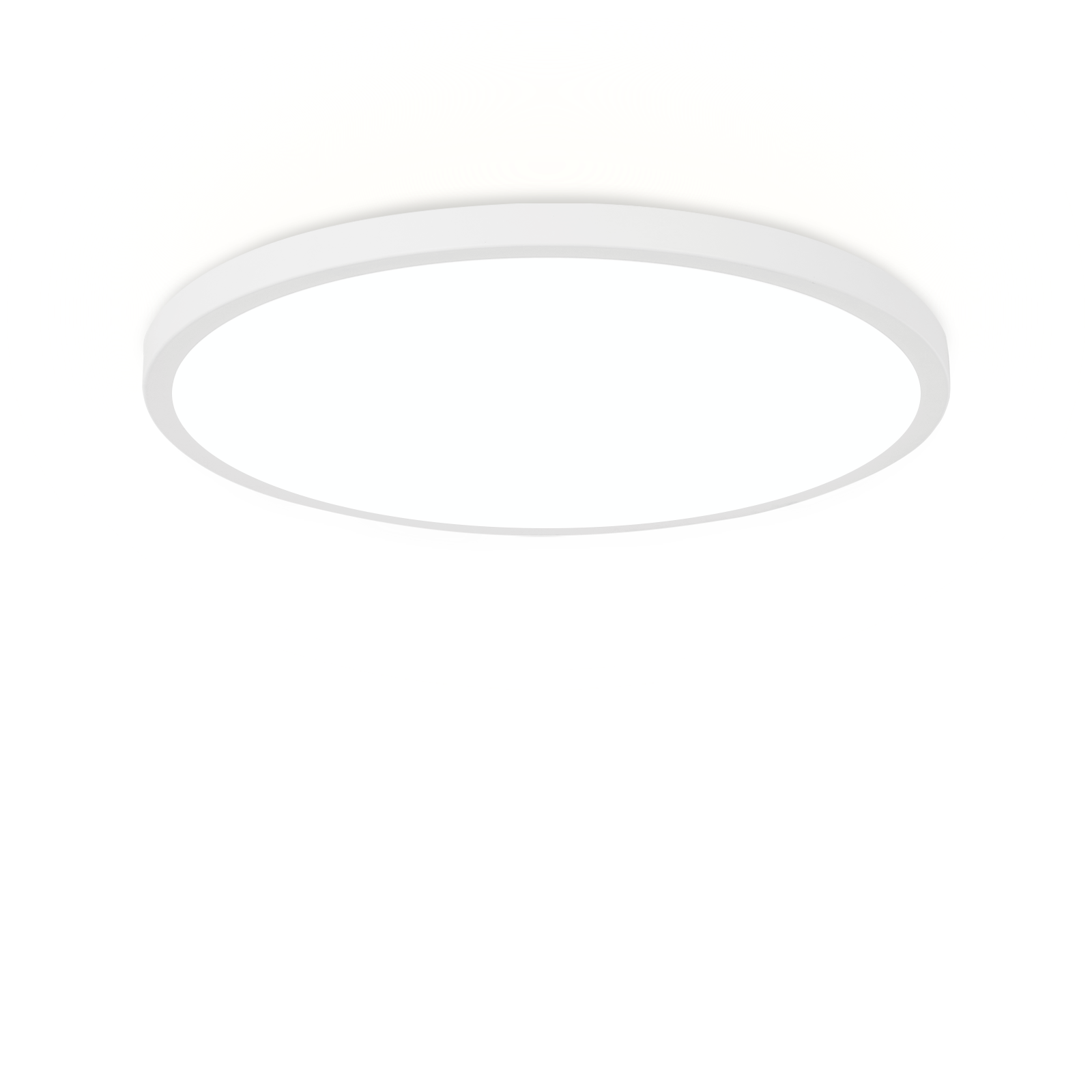 Una plafoniera bianca, circolare, a filo. È un design semplice e moderno con una luce brillante e uniforme.