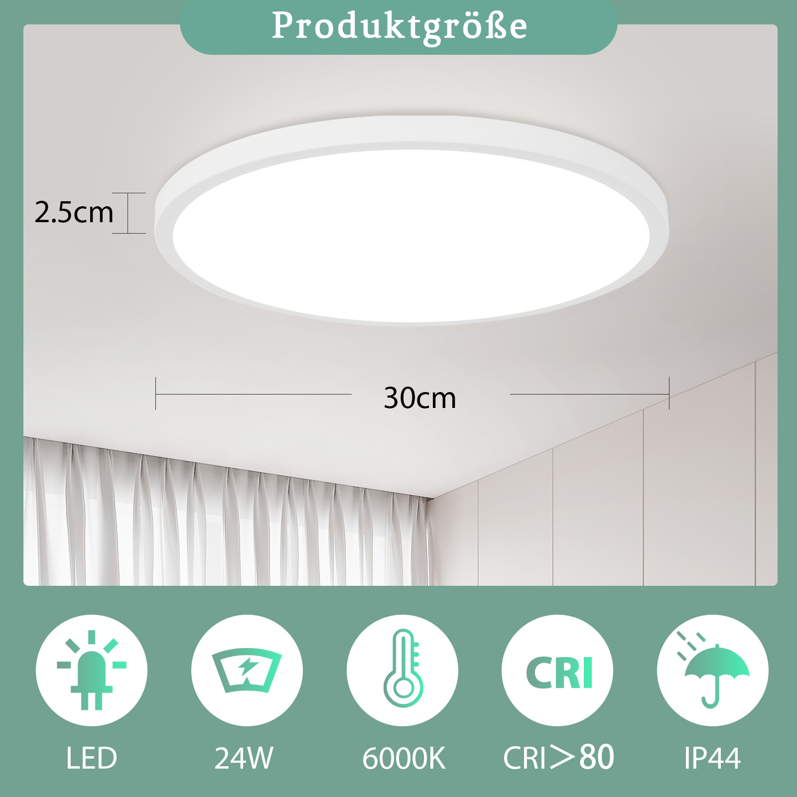 Lampada da soffitto rotonda bianca. Sfondo nero. Dimensioni in cm, con icone di informazioni luminose.