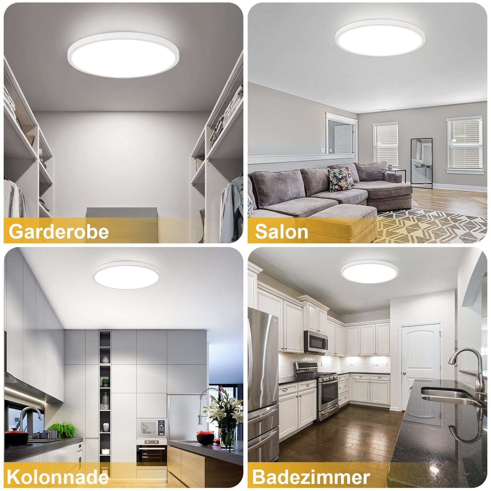 Quattro immagini con luci a soffitto in stanze diverse. Le luci sono al centro in ogni foto.