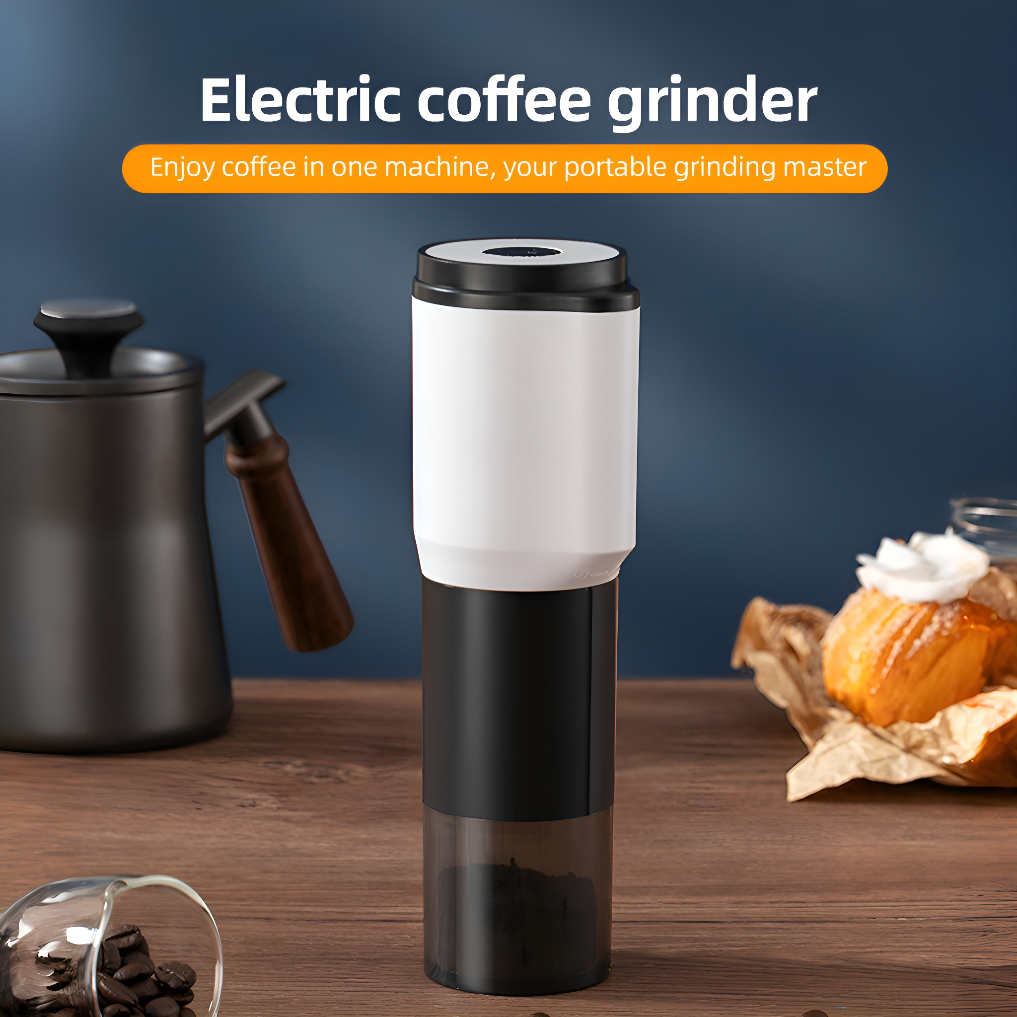Elektrische Kaffeemühle in Weiß und Schwarz, mit Kaffeebohnen und einem Gebäck.