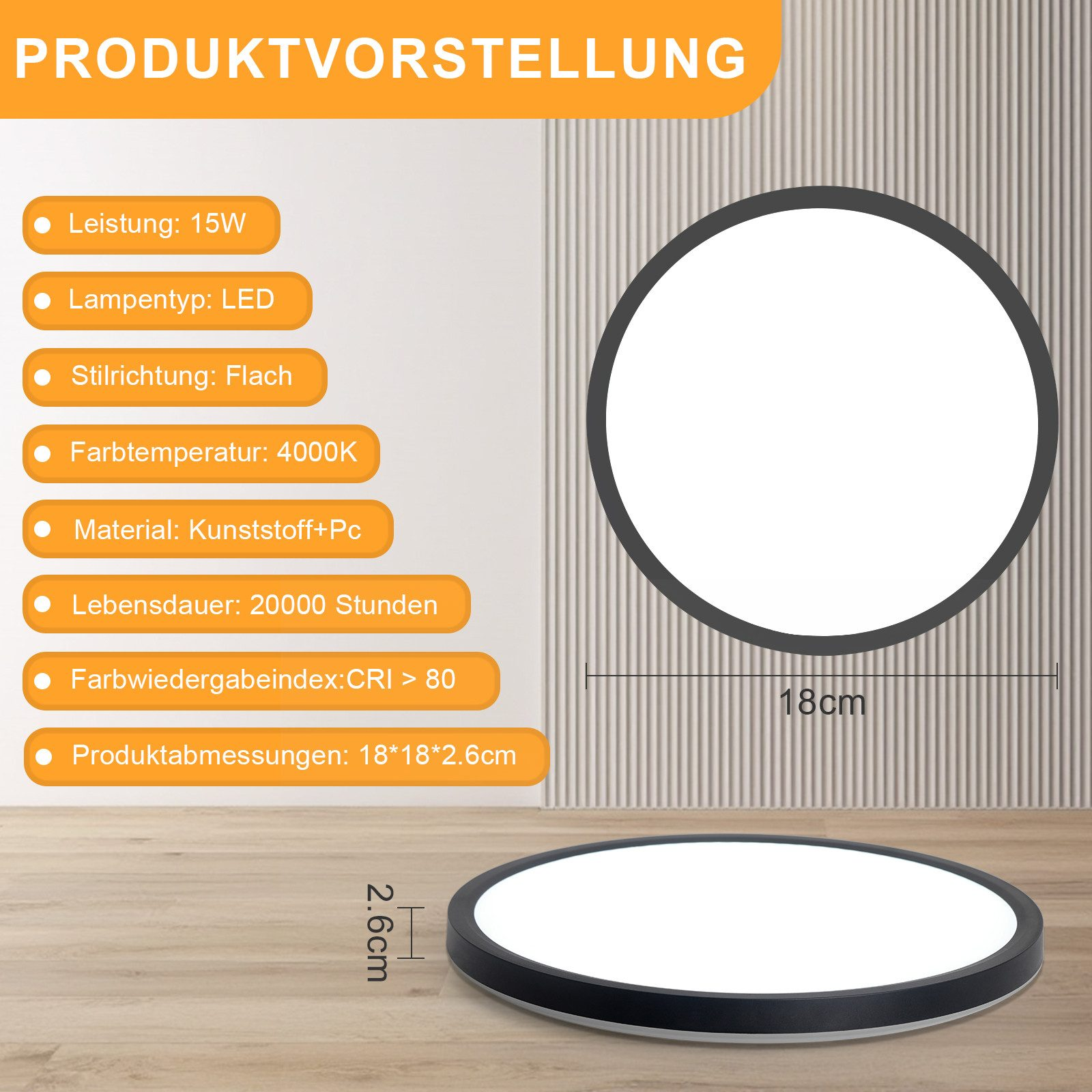 Plafoniera LED rotonda con cornice nera. Include dettagli del prodotto. Sfondo bianco.