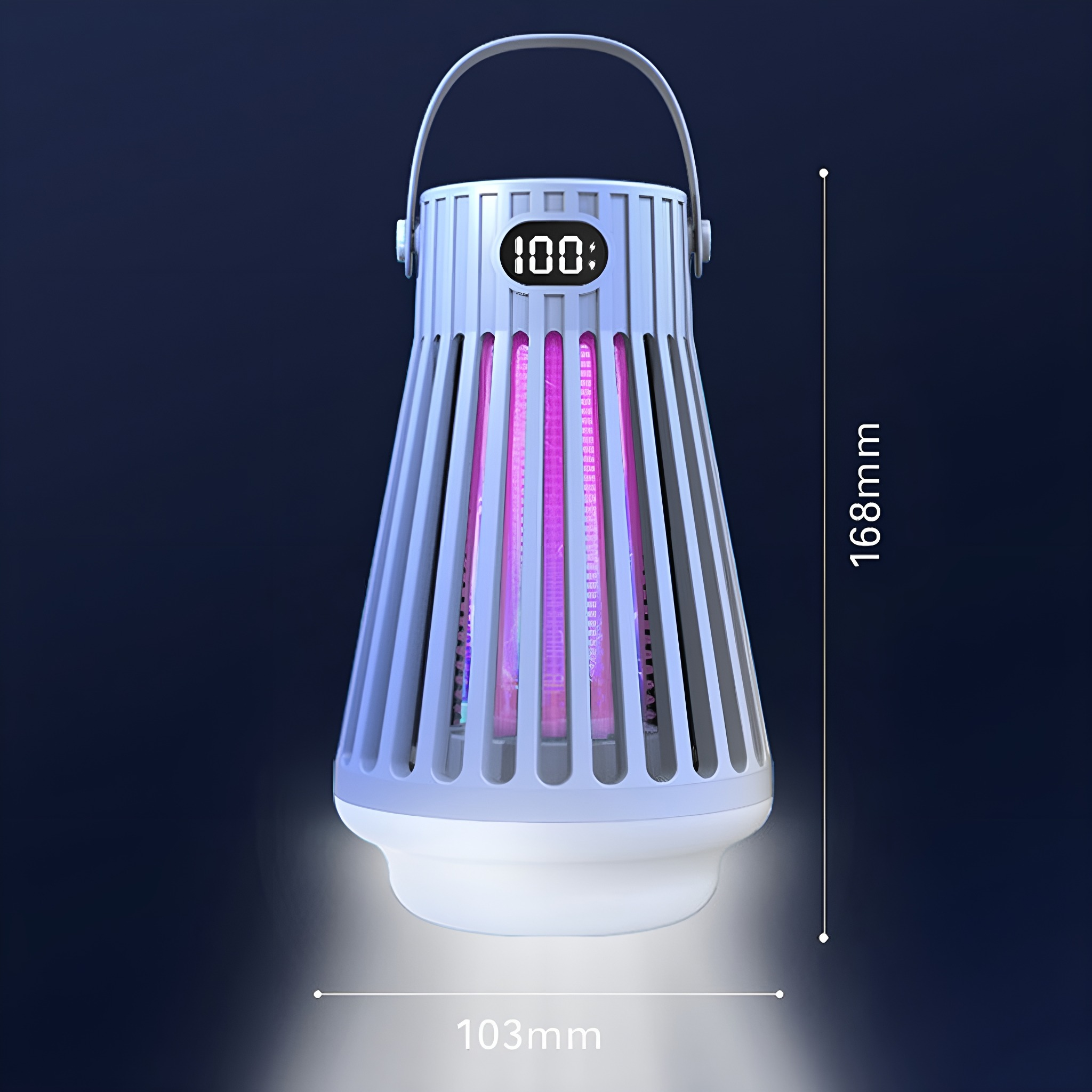Insektenvernichterlampe mit Griff. Sie hat ein Licht und zeigt eine digitale Zahl an.
