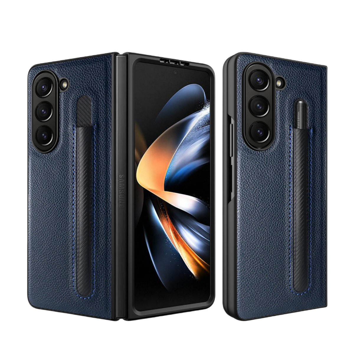 Custodia per telefono blu navy, con slot per penna, che copre un telefono piegato, con bordi neri e fotocamera.