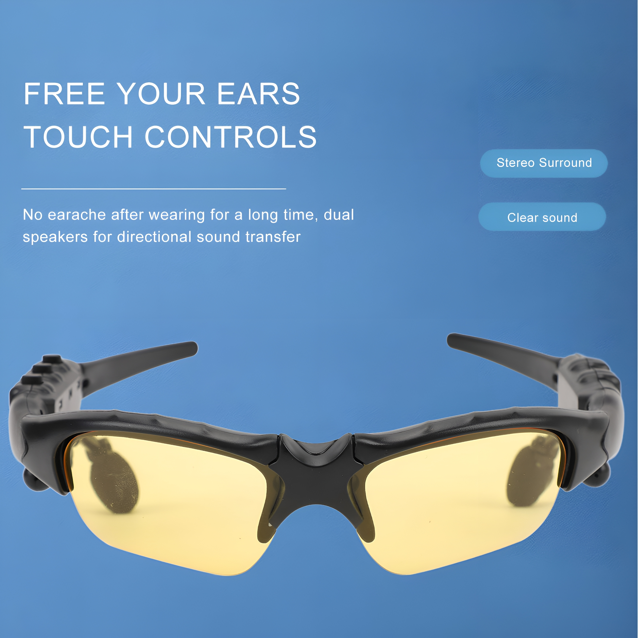 Schwarze Brille mit gelben Gläsern. Text: 'Free Your Ears' und 'Touch Controls'.