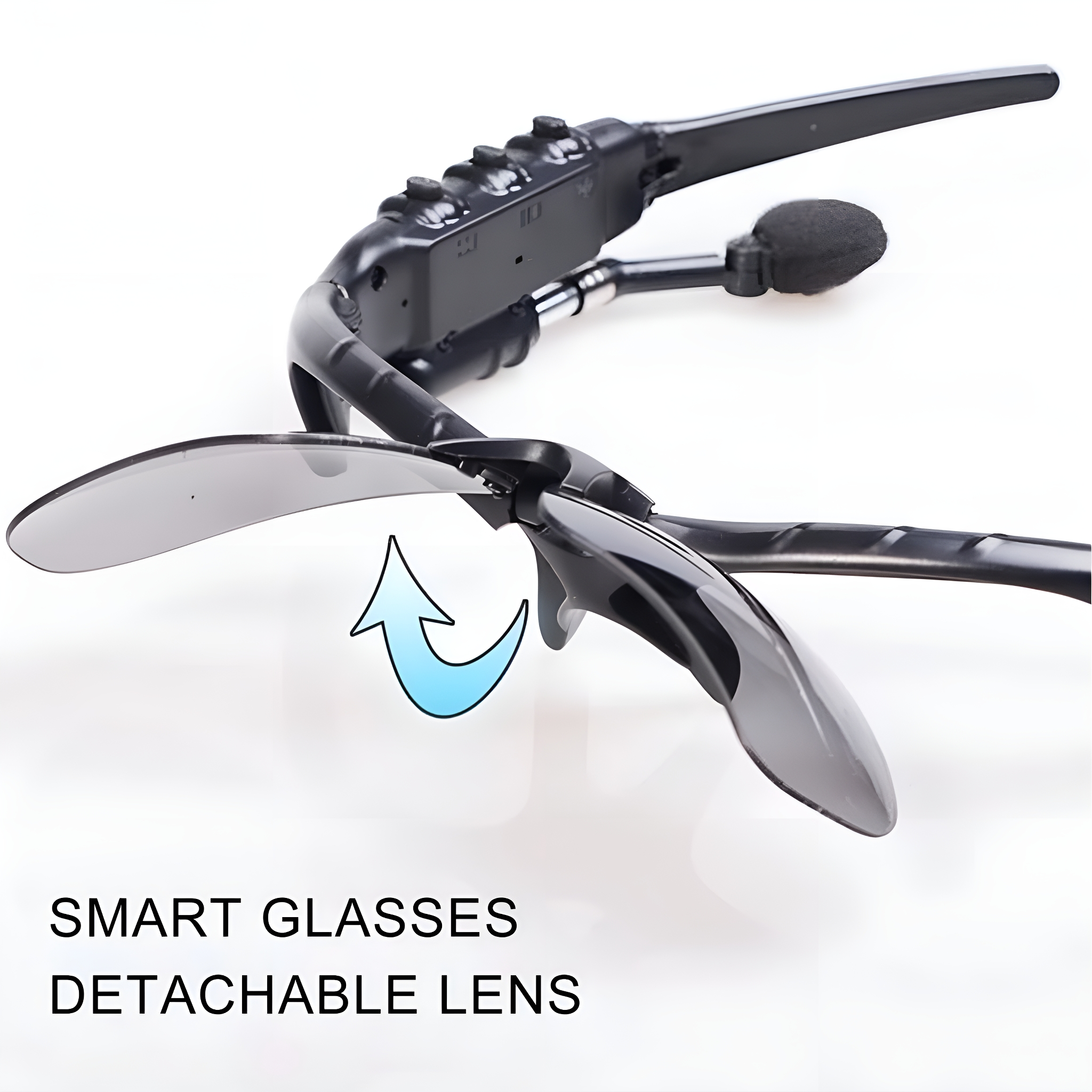 Smart-Brille mit abnehmbarer Linse, die einen Pfeil auf die Linse zeigt.