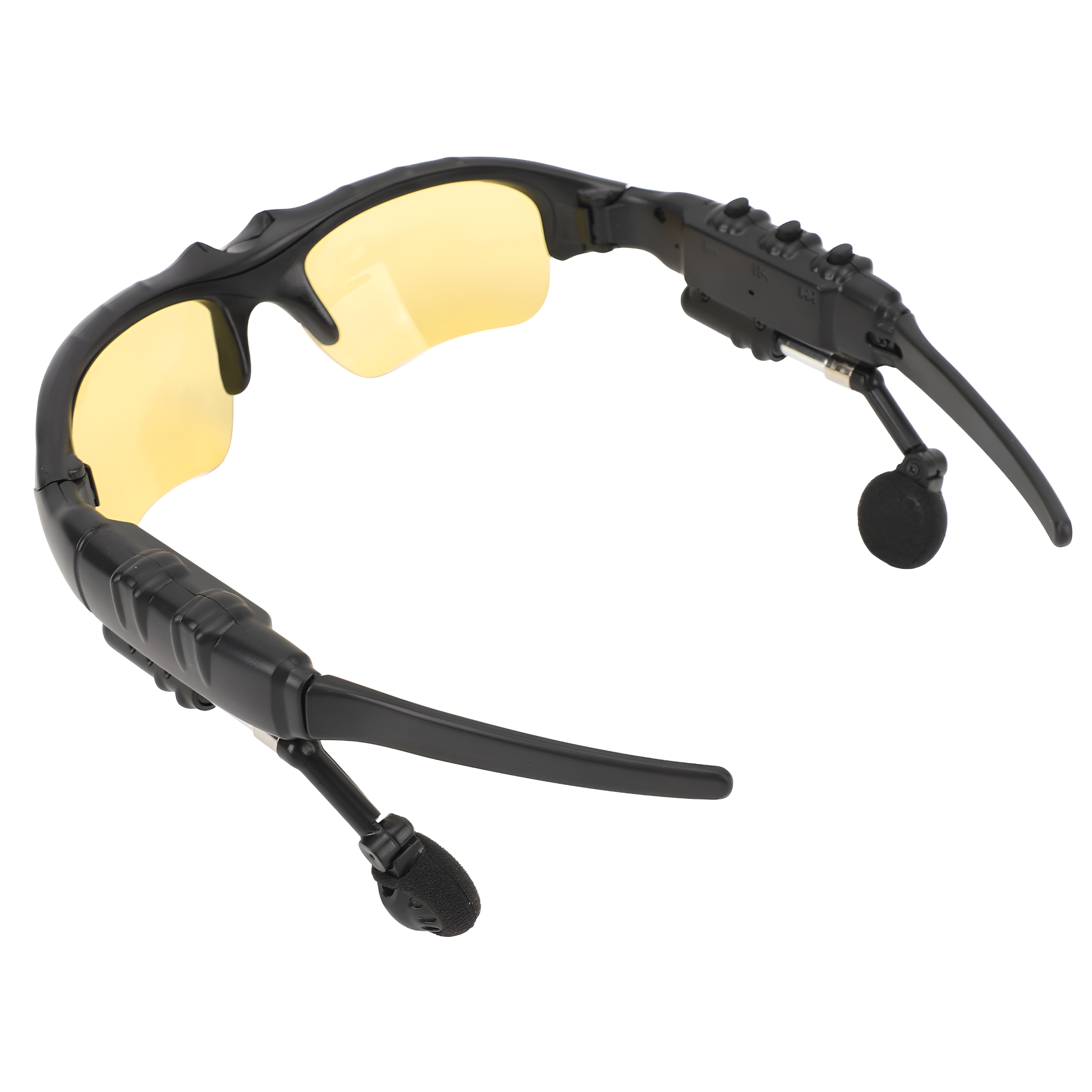 Schwarze Sonnenbrille mit gelben Gläsern und Mikrofon, Ohrhörer.
