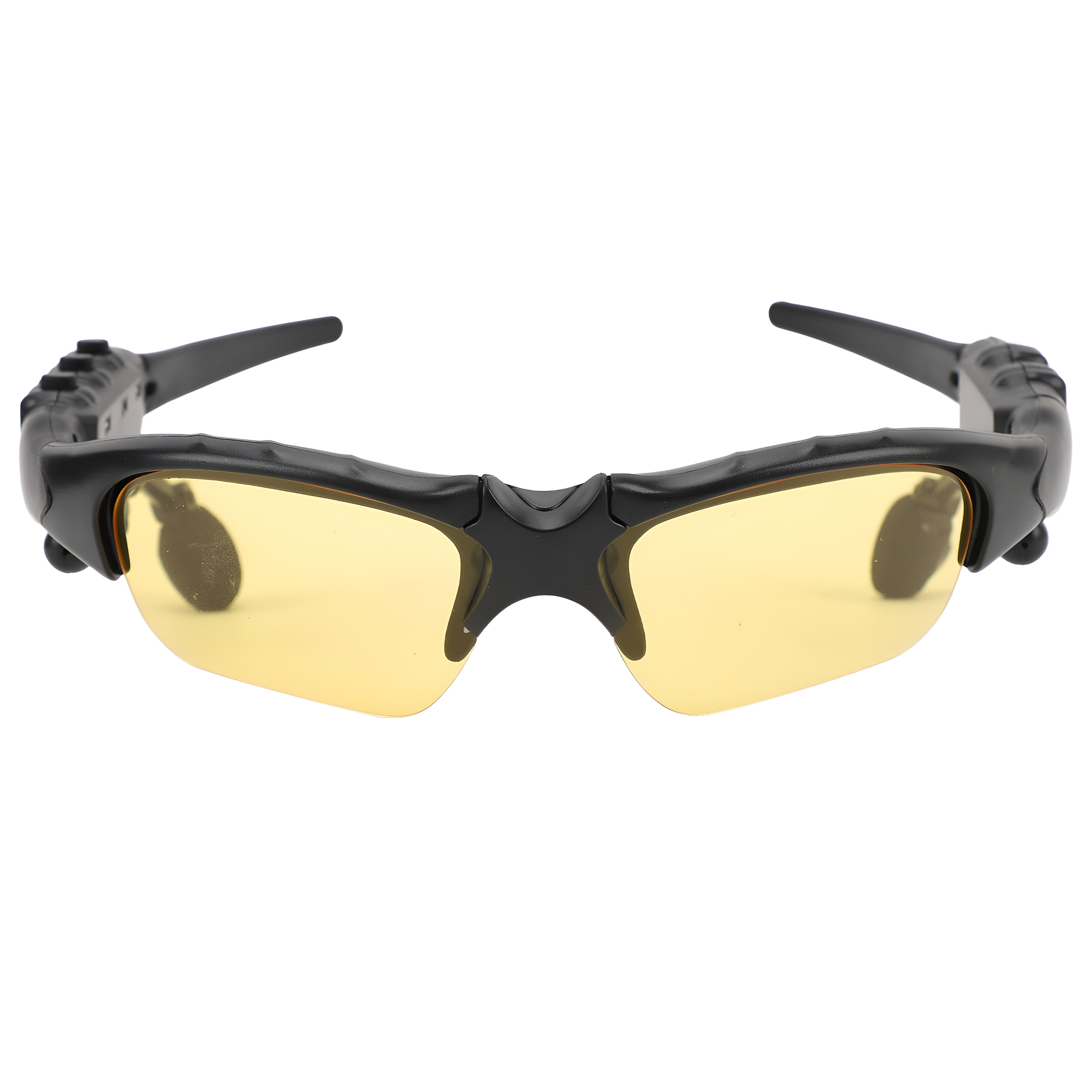 Schwarze Sonnenbrille mit gelben Gläsern. Die Brille befindet sich auf weißem Hintergrund.