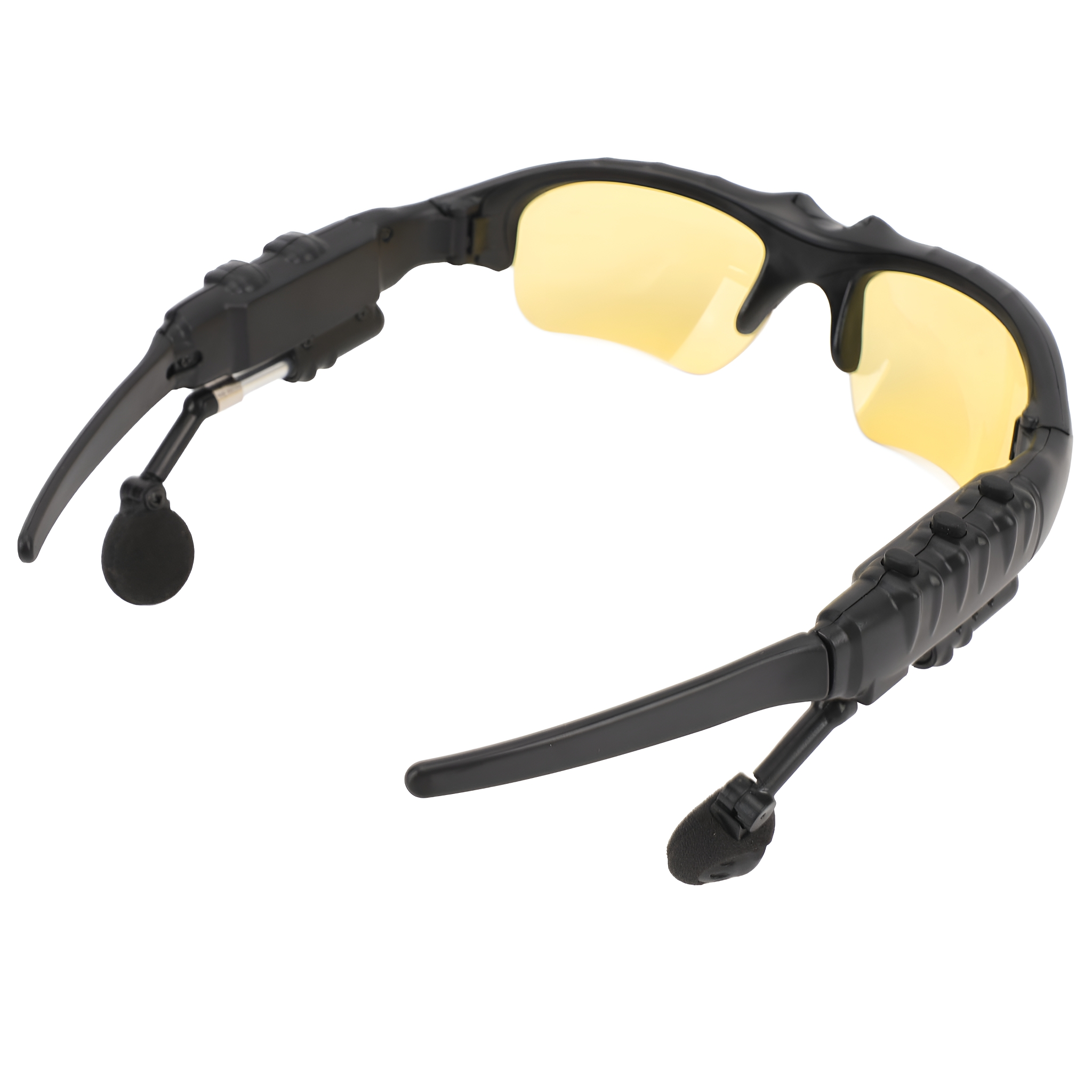 Schwarze und gelbe Smart-Brille mit Mikrofon. Verfügt über Bluetooth, für Anrufe und Musik.