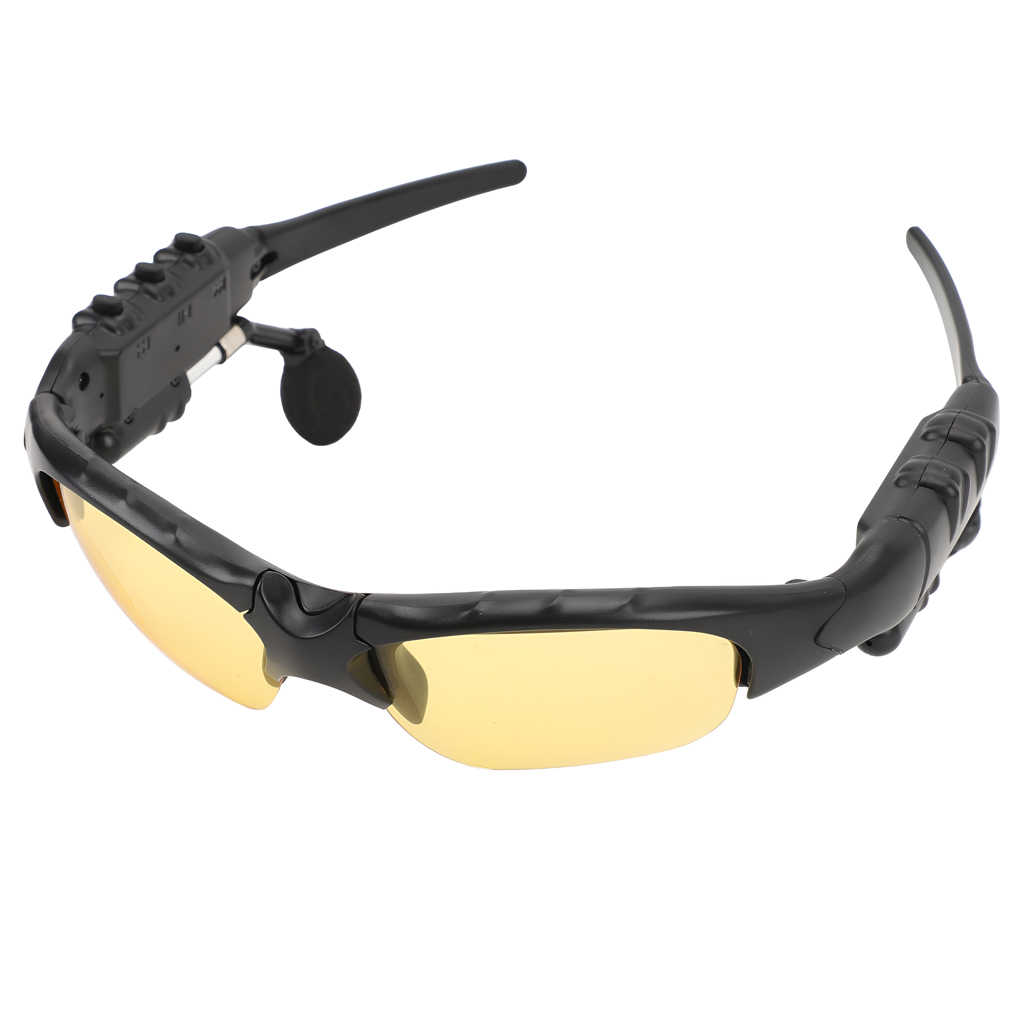 Schwarze Sonnenbrille, gelbe Gläser. Headset befestigt, mit Mikrofon. Schwarzer Rahmen.