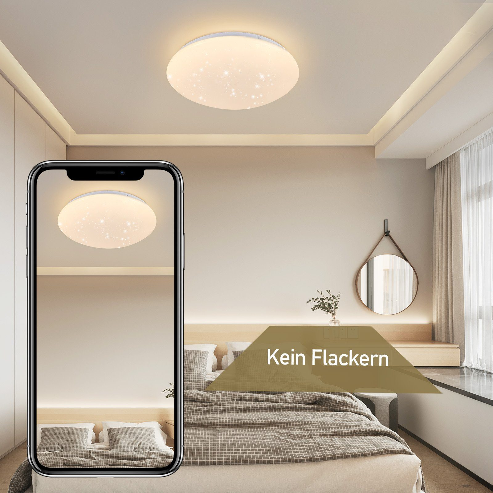 Una camera da letto con un letto, uno specchio rotondo e una luce a soffitto. Un telefono mostra la vista.