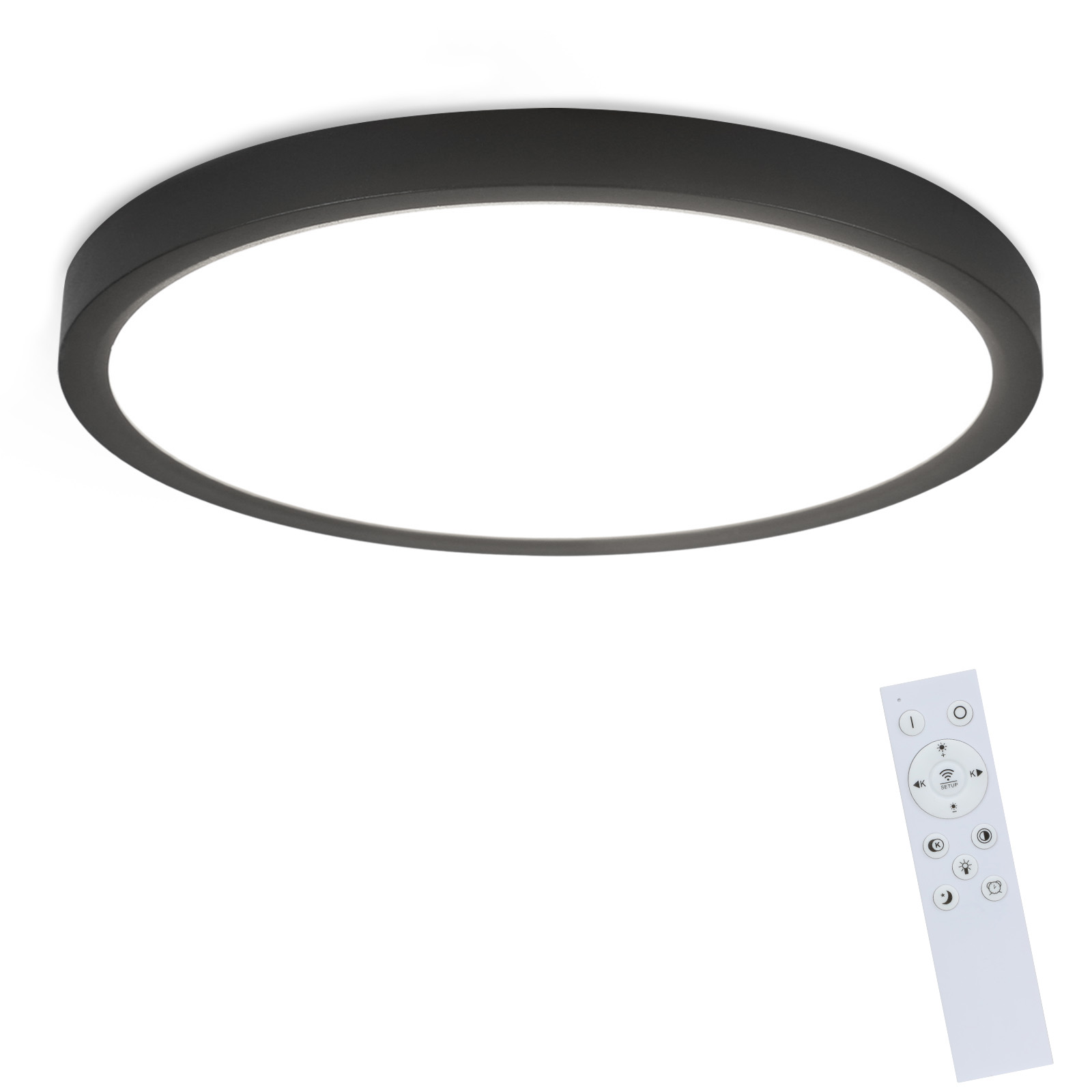 Lampada da soffitto rotonda nera con luce bianca e telecomando. La luce è accesa.
