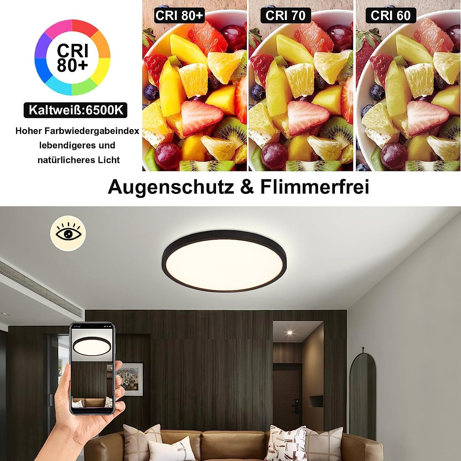 Lampada da soffitto rotonda, con telefono che mostra la luce. Confronti frutta e luce.