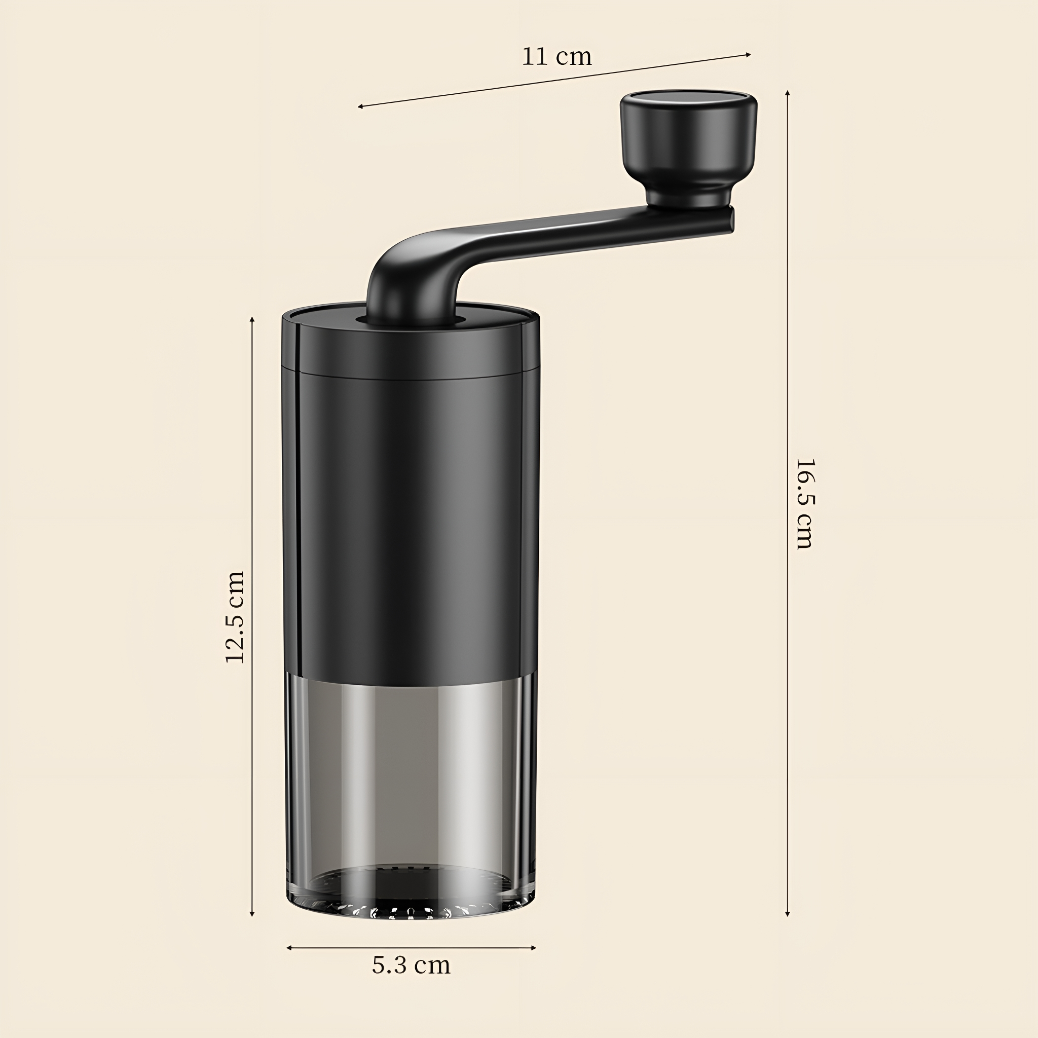 Schwarze manuelle Kaffeemühle, Glasboden, Maße: 12,5 cm Höhe, 5,3 cm Breite.