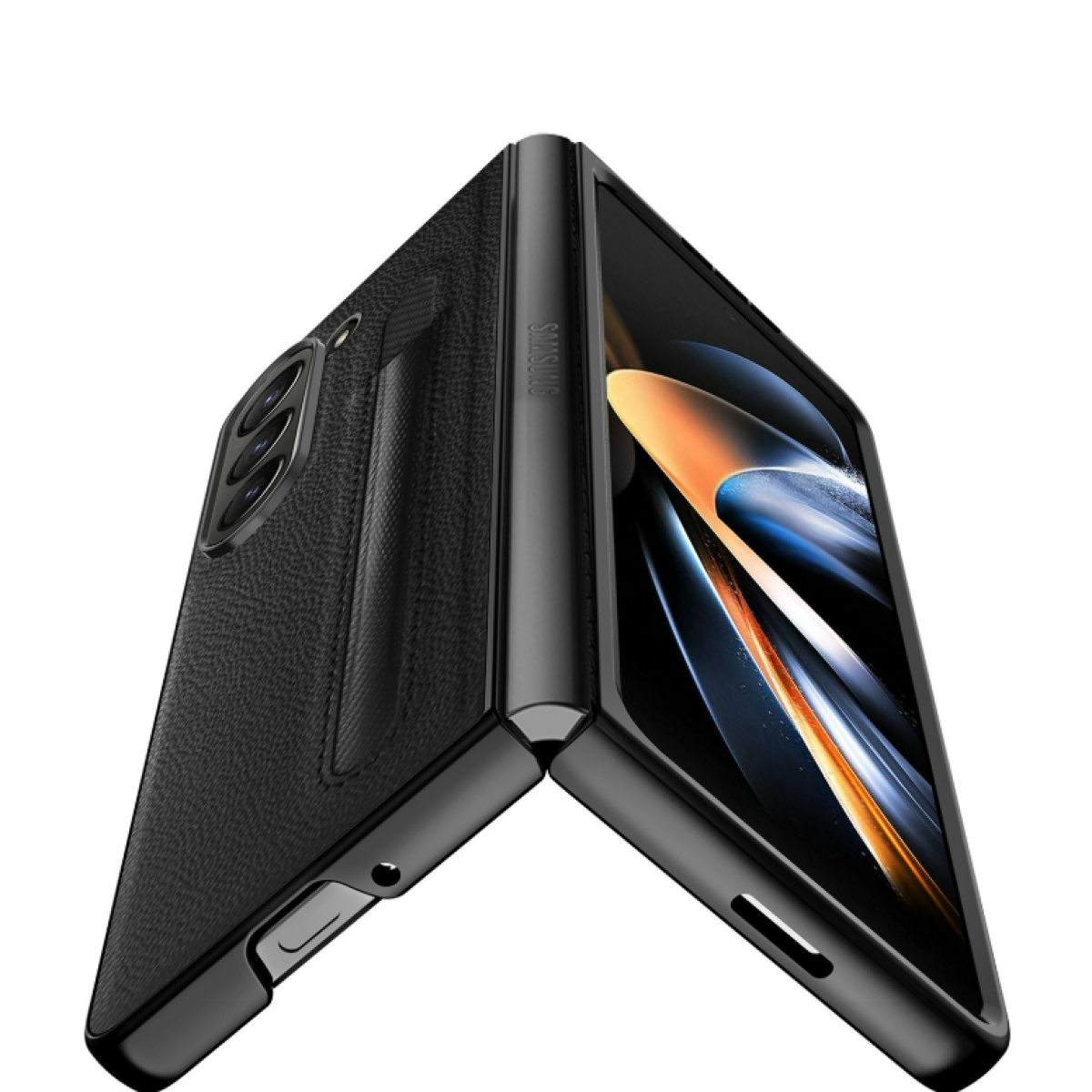 Schwarzes Samsung Galaxy Z Fold 4 Telefon, teilweise geöffnet, zeigt Bildschirm.