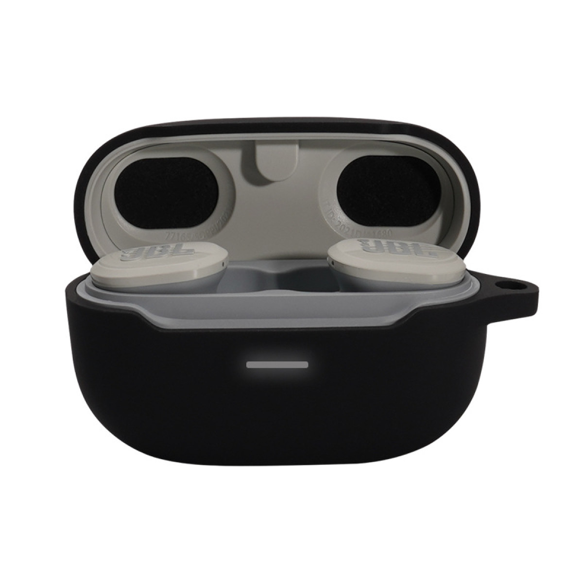 Schwarze JBL-Ohrhörer mit schwarzem Ladecase, Ohrhörer außerhalb des Cases.