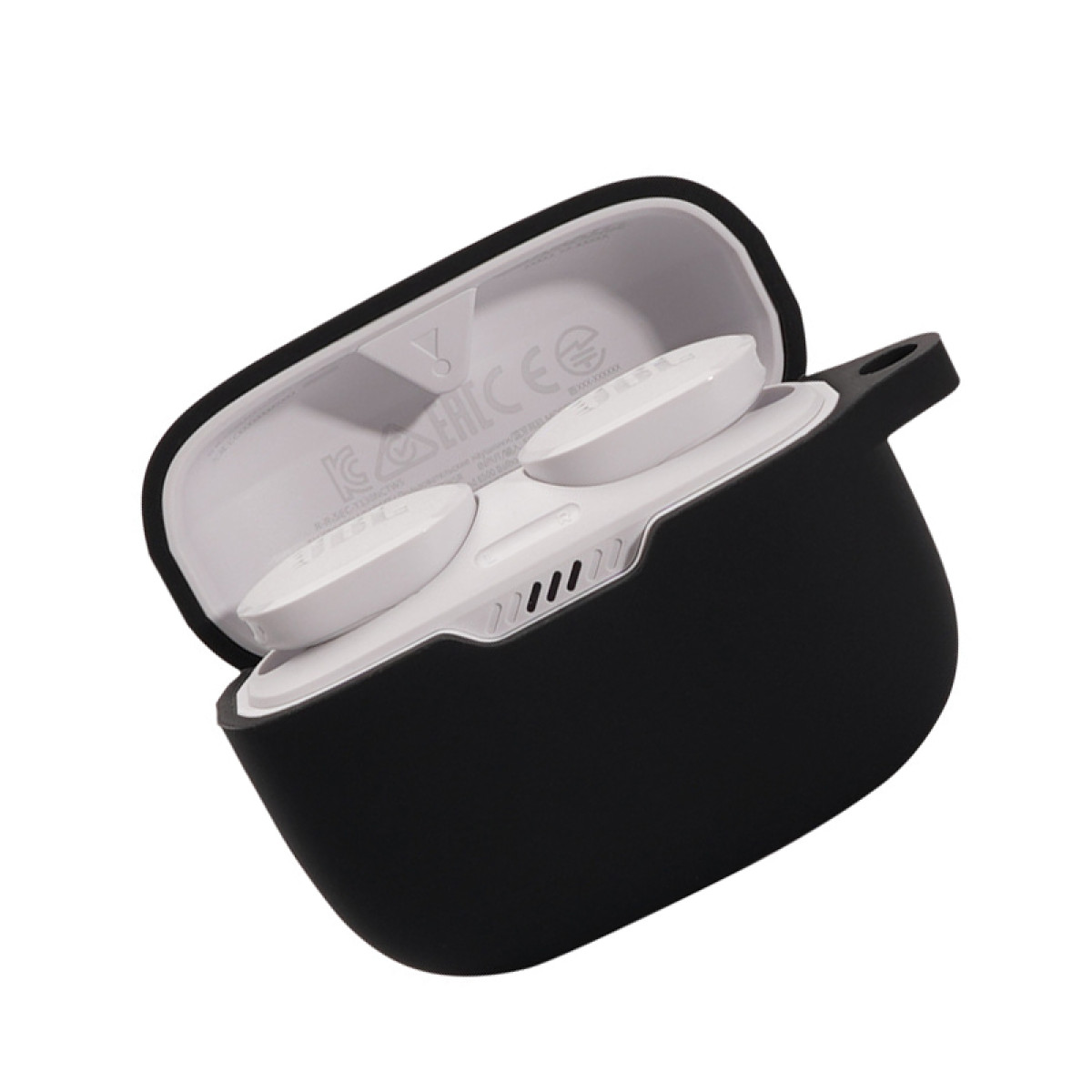 Schwarzes Ohrhörer-Etui, geöffnet, mit zwei weißen Ohrhörern darin. Weißer Hintergrund.