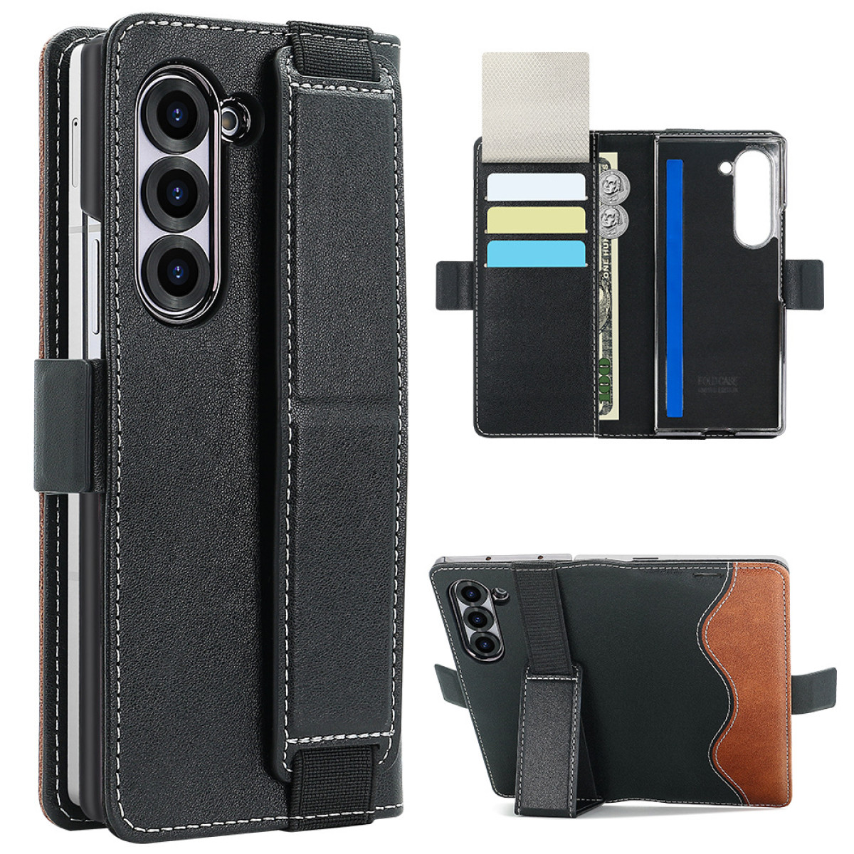 Custodia nera con telefono dentro. Design marrone e nero. Aperta con fessure per carte.